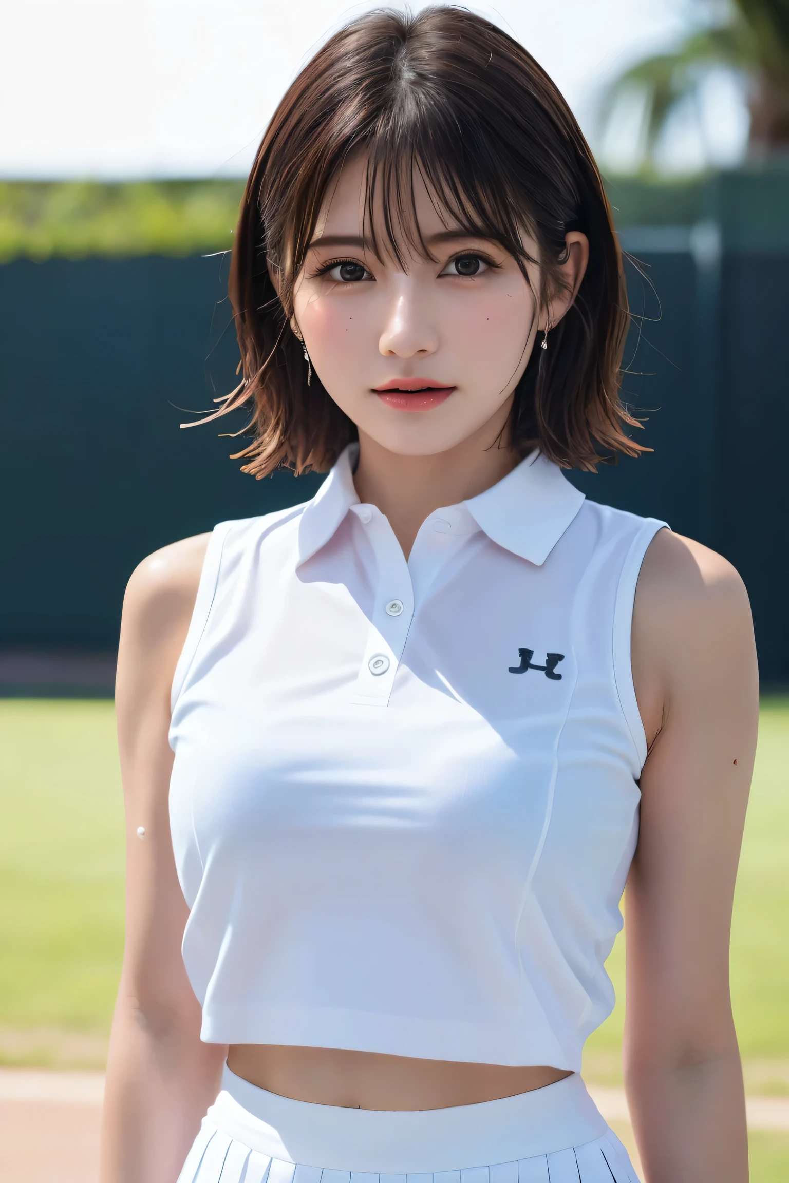 ((Upper Body))、1 girl, alone, White polo shirt, White sneakers, Pink tennis wear: 1.3, White mini skirt, masterpiece, highest quality, Realistic, Hyper Detail, (Shiny skin, Sweaty: 1.4), Disorganized, looking at the camera, Short black hair, Brown eyes, thin, Dynamic Lighting, High resolution, Sharp focus, Depth of written boundary, Fine grain, Sharp eyes, Realistic eyes, (big: 1.2), (Thick thighs: 1.0), Outdoor, null, Korean Idol, Nogizaka Idol, Idol Sculpture, actress,