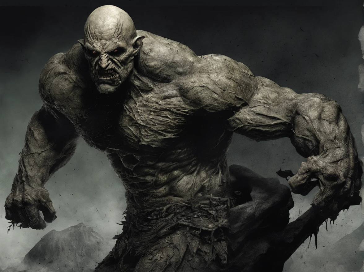 brutalis the violator
hulking 8 feet tall muscled bald mutated semi-orc-troglodyte like human with cracked desiccated skin
he has a few large organic spike protrusions made of his desiccated skin on his arms and back,