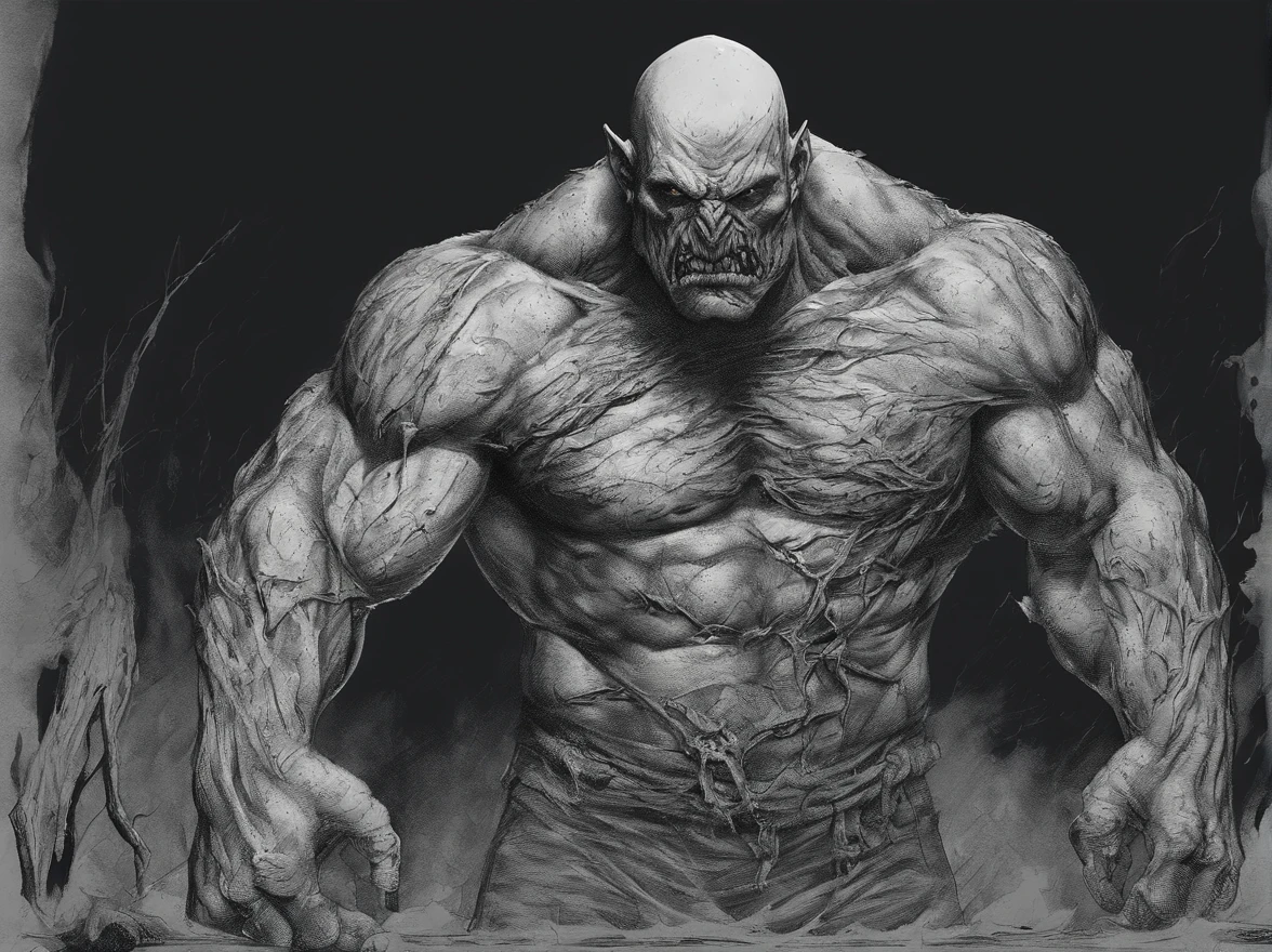 brutalis the violator
hulking 8 feet tall muscled bald mutated semi-orc-troglodyte like human with cracked desiccated skin
he has a few large organic spike protrusions made of his desiccated skin on his arms and back,