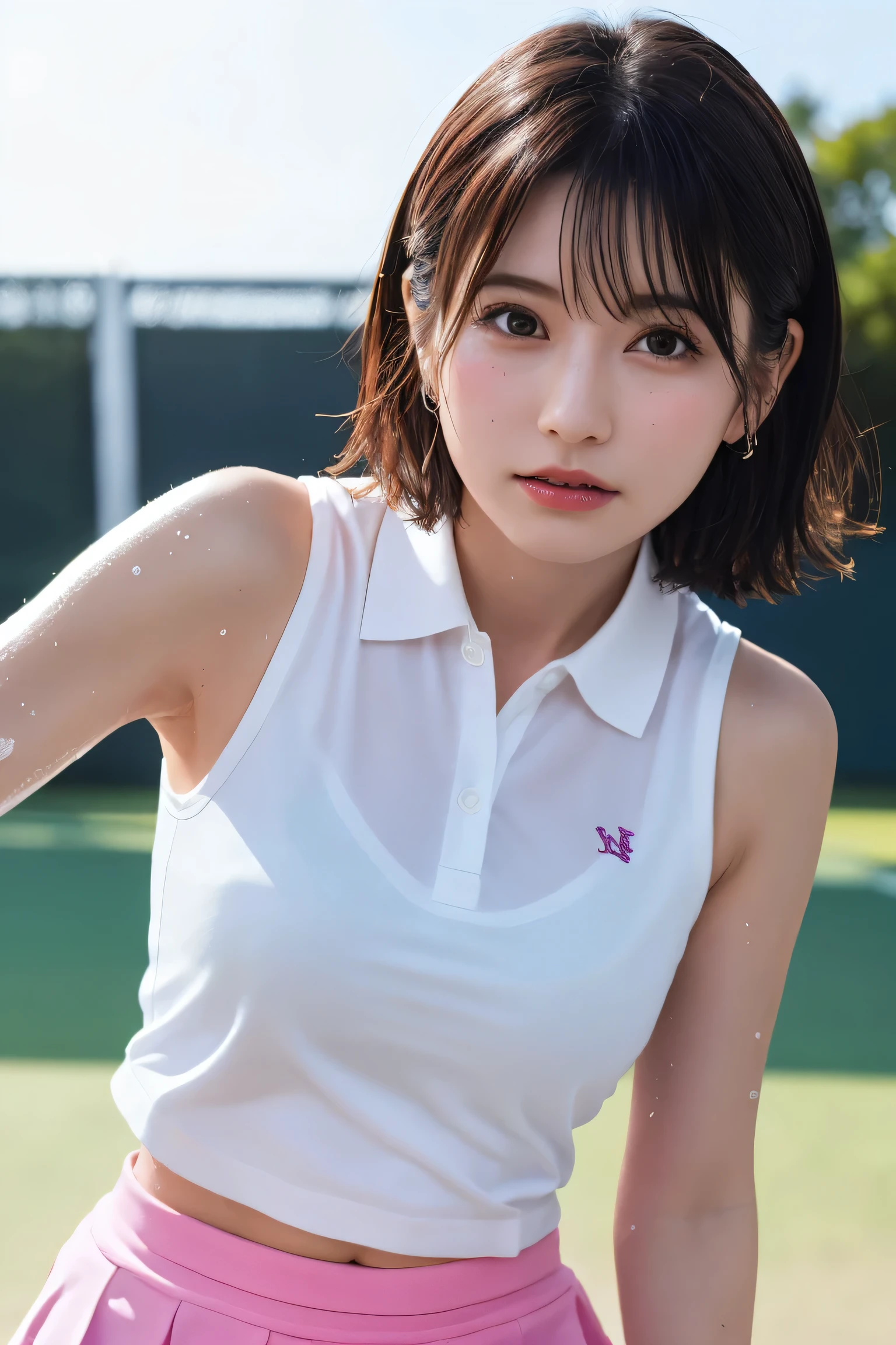 ((Upper Body))、1 girl, alone, White polo shirt, White sneakers, Pink tennis wear: 1.3, White mini skirt, masterpiece, highest quality, Realistic, Hyper Detail, (Shiny skin, Sweaty: 1.4), Disorganized, looking at the camera, Short black hair, Brown eyes, thin, Dynamic Lighting, High resolution, Sharp focus, Depth of written boundary, Fine grain, Sharp eyes, Realistic eyes, (big: 1.2), (Thick thighs: 1.0), Outdoor, null, Korean Idol, Nogizaka Idol, Idol Sculpture, actress,