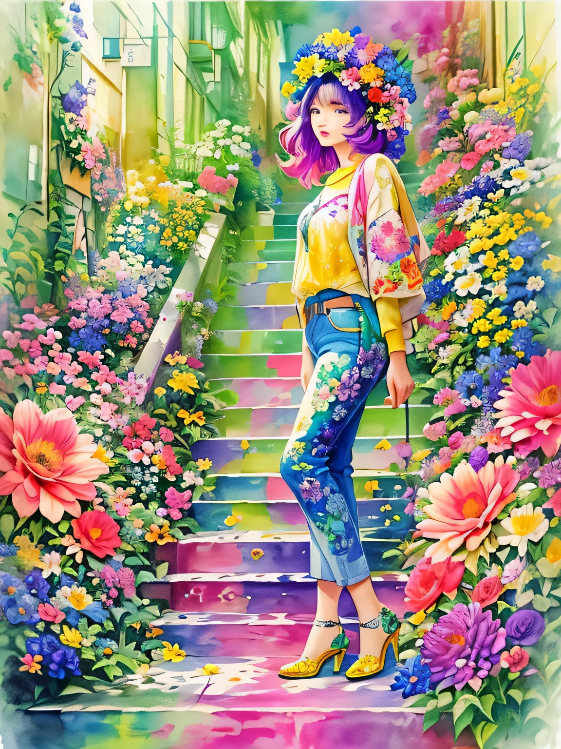 12stairs Style、(((stylish fashion))), 8K Quality、Intense watercolor, Detailed watercolor art, Watercolor splash, Surreal, avant-garde pop art, Beautiful and expressive paintings, Beautiful artwork illustration, Very colorful tones, wonderful, Cool beauty, highest quality、Official Art, Vector art, Stylish design, (((The most beautiful girl))), (((highest quality))), HDR, ((detailed)), (((Doodle Art)), ((masterpiece)), ((Super detailed)), (((Colorful flowers))),(((Stylish))),