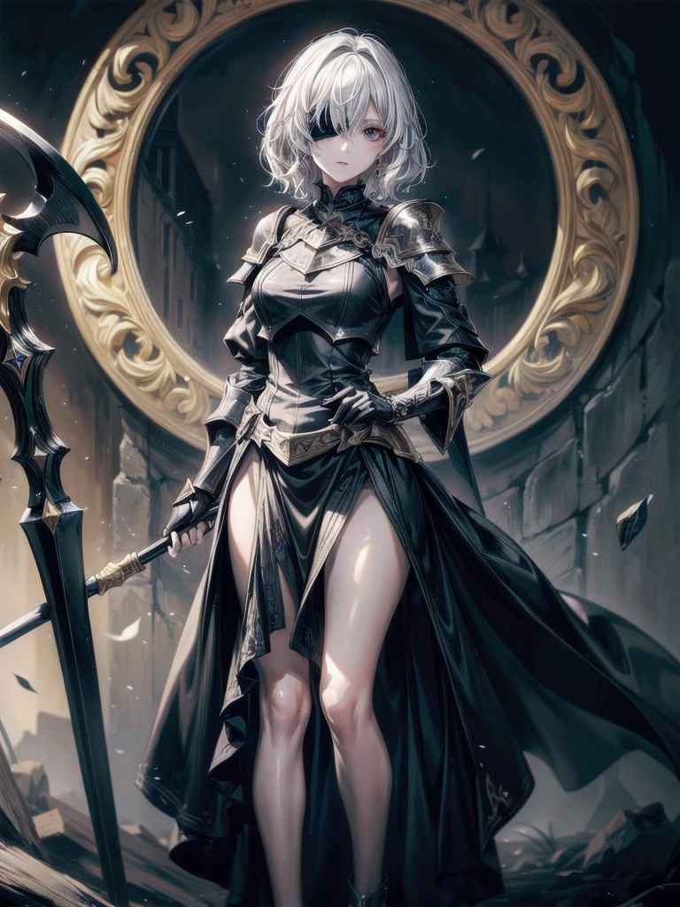 ((one-eyed)), holy paladin, scythe, dark Heavy armor, absurdres, RAW photo, extremely delicate and beautiful, masterpiece, Best Quality, ultra high resolution, 32k, hyperrealistic, ultra-detailed, detailed description, pale skin, 20 years old, tearful mole, earring, short medium hair, wavy hair, full body shot,