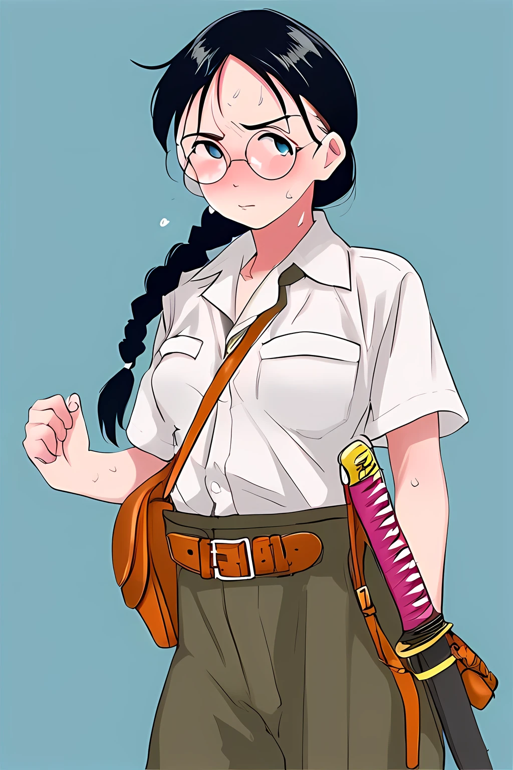 score_10,score_9,1girl,solo,cowboy shot,small breasts,black hair,twin braid,round eyewear,exhausted,sweat,flustered,bag, green_background, weapon, pouch, shirt, shoulder_bag, sword, belt, collared_shirt,IJA Showa,IJA officer,short sleeve,open collar shirt,holding sword,holding katana, katana,