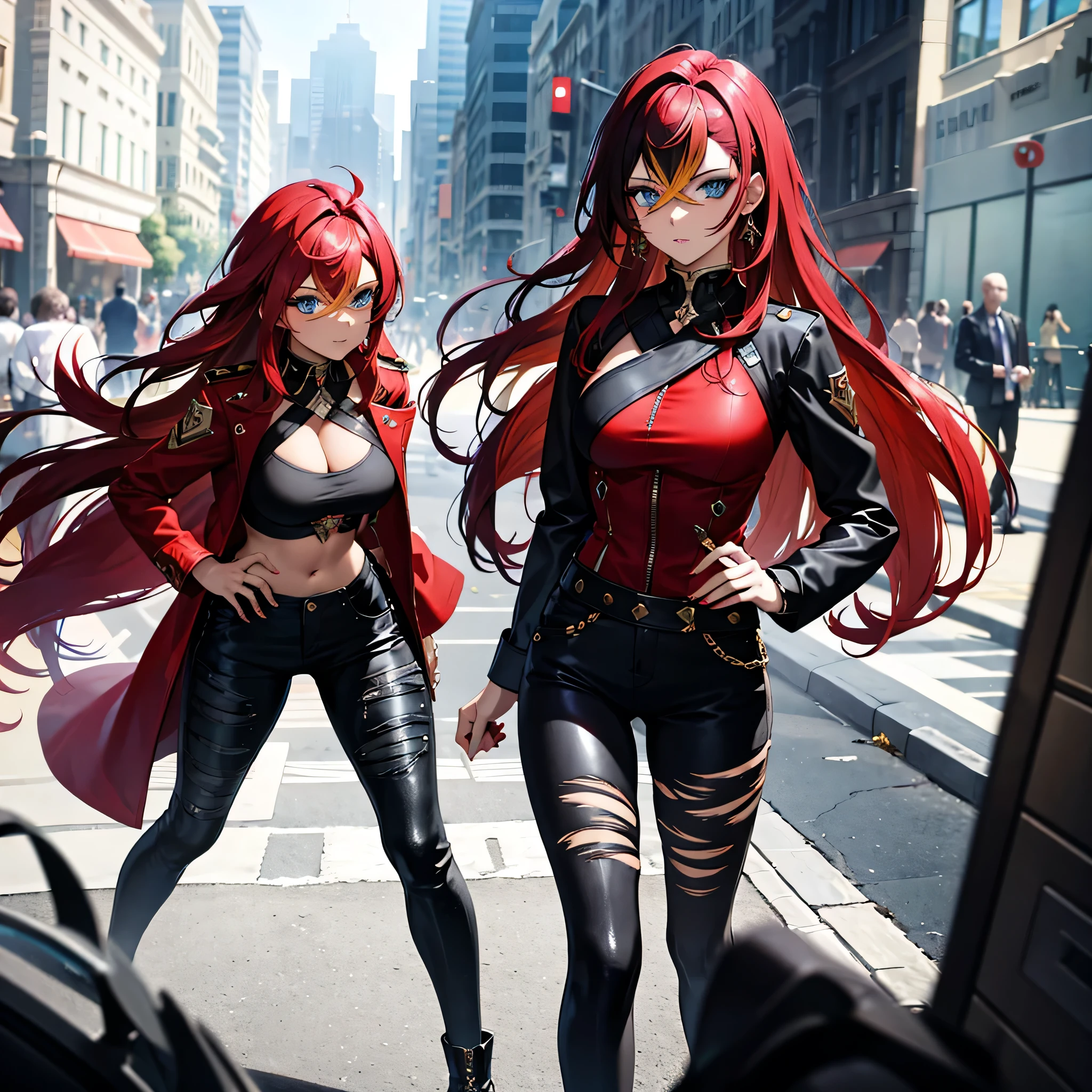 Dehya and a red-haired woman with green eyes, a black blouse, a red jacket, and dark tight pants.