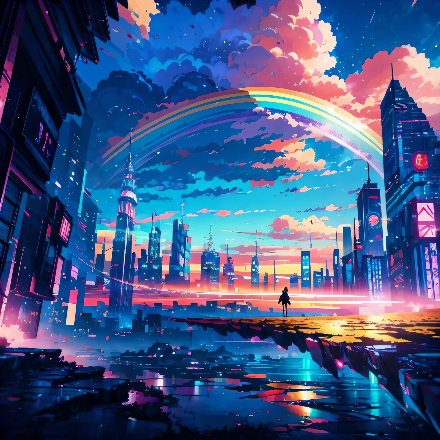 Anime girl standing in big city looking at rainbow sky,Near Future City、 makoto shinkai cyril rolando, anime art wallpaper 4k, anime art wallpaper 4k, Anime art wallpaper 8k, inspired by Cyril Rolando, in the style dan mumford artwork, amazing wallpapers, by Yuumei