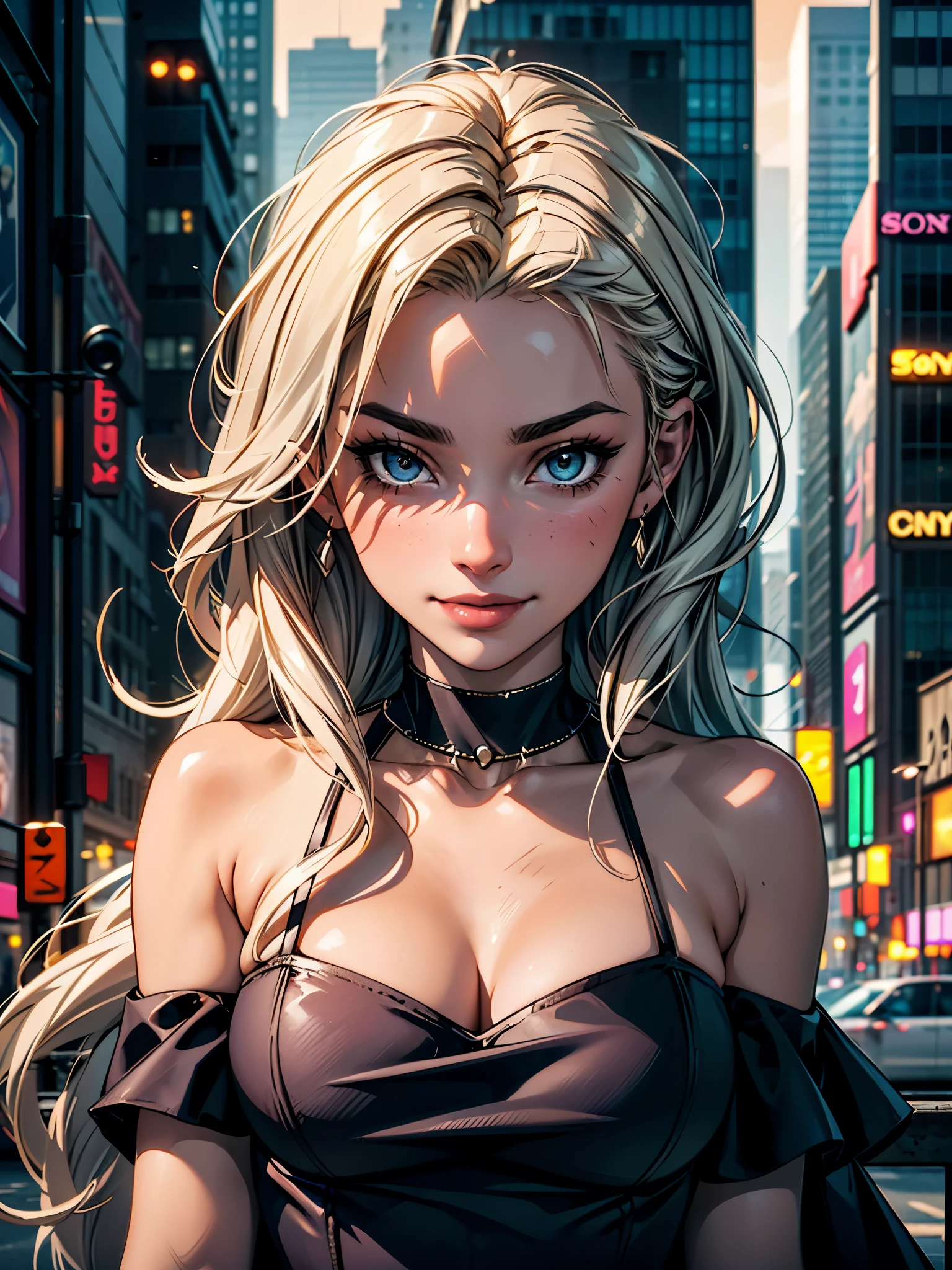 portrait of Olivia Dunne, epic ( hard light, sony a7, 50 mm, matte skin, pores, colors, hyperdetailed), smirk, sultry look, seductive, detailed modern day city in background, casual dress, low-cut neckline, bare shoulders