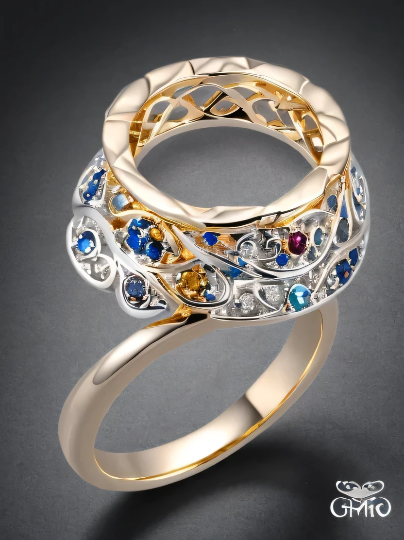 ((masterpiece、highest quality、Very detailed、High resolution、Photorealistic、Sharp focus、Cinema Lighting))、((There is no one))、One ring、Gold and silver rings、Blue Gem、Complex Pattern、Complex and unusual design、Sparkling sapphires decorate this enchanting ring、Beautiful color gradation、Background is marble table surface