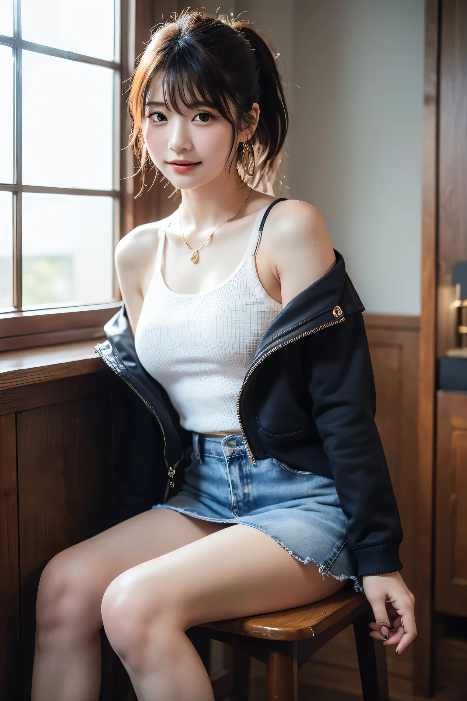 ((Upper Body))、delicate, masterpiece, Beautiful detailed, colorful, Fine detailed, detailed, detailed, Big Breasts, 1 female, (Beautiful 20 year old Korean woman: 1.1), (K-Pop Idols, Korean Mix), (50mm Sigma f/1.4 ZEISS Lenses, f1.4, 1/800s, ISO100, photograph: 1.1), (ponytail + blonde: 1.2), Realistic: 1.4), (spy: 1.2), (Dark blue open jacket, shirt, skirt, tie, Black Pantyhose, Christian Louboutin \ (brand\): 1.3), Earrings, necklace, Bracelet, (Shoulder strap: 1.2), (Beautiful feet, Tall Woman, skinny, Thin legs, Thigh Gap, model: 1.2), Lens flare, Happy smiling face from the front: 1.1), Dynamic pose, (make: 1.2), Sit on a bar stool, Nogizaka Idol, Korean Idol, actress, Idol Sculpture, Underarm, Arms crossed, Android