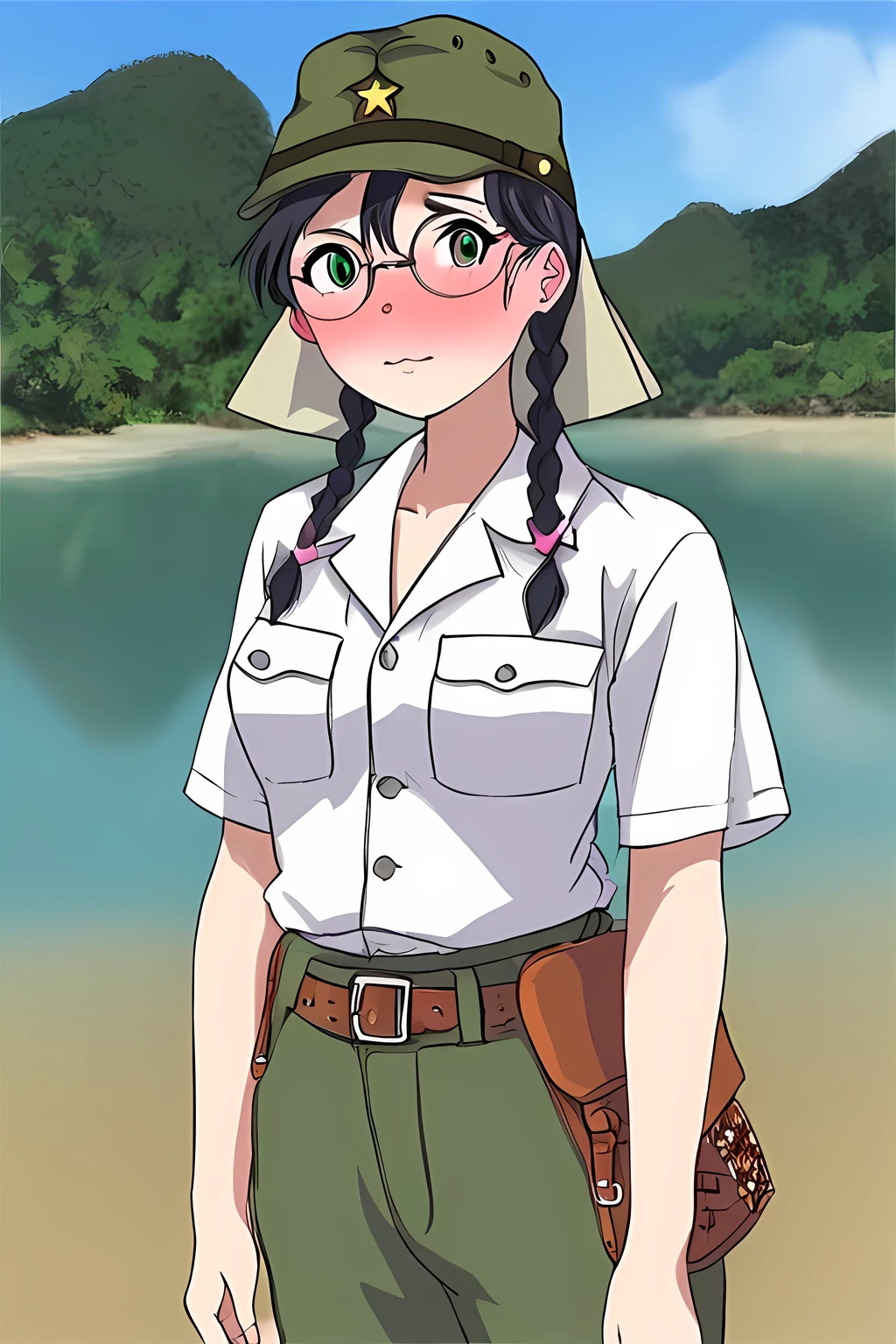 score_10,score_9,1girl,solo,((IJA Showa, field cap with neck flaps,field cap , open collar white shirt,oliver green pants, short sleeve,)),leather belt pouch,small breasts,black hair,twin braids,glasses,round eyewear,worried,full-face blush,ocean,tropical landscape,beach,coconut tree, 