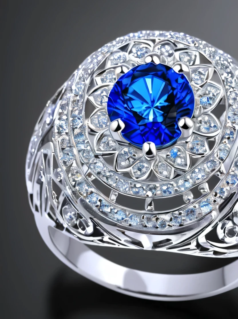 ((masterpiece、highest quality、Very detailed、High resolution、Photorealistic、Sharp focus、Cinema Lighting))、((There is no one))、One ring、Gold and silver rings、Blue Gem、Complex Pattern、Complex and unusual design、Sparkling sapphires decorate this enchanting ring、Beautiful color gradation、Background is marble table surface