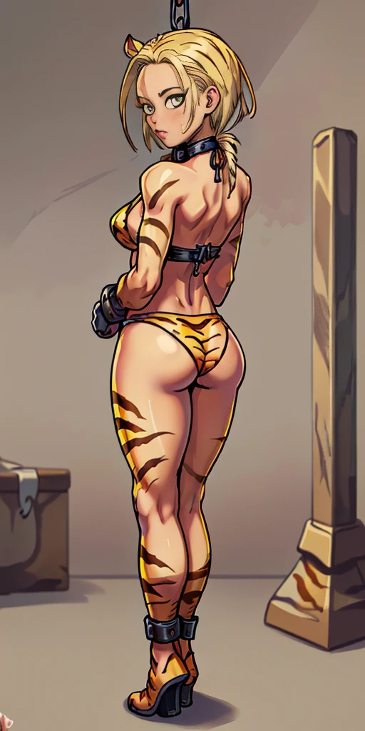 ((Masterpiece, 4k, plain background:1.2)) (handuffed behind her back)) Cammy White Street Fighter full body standing straight symmetrical, standing chained pole bondage sex slave, yellow tiger bikini print