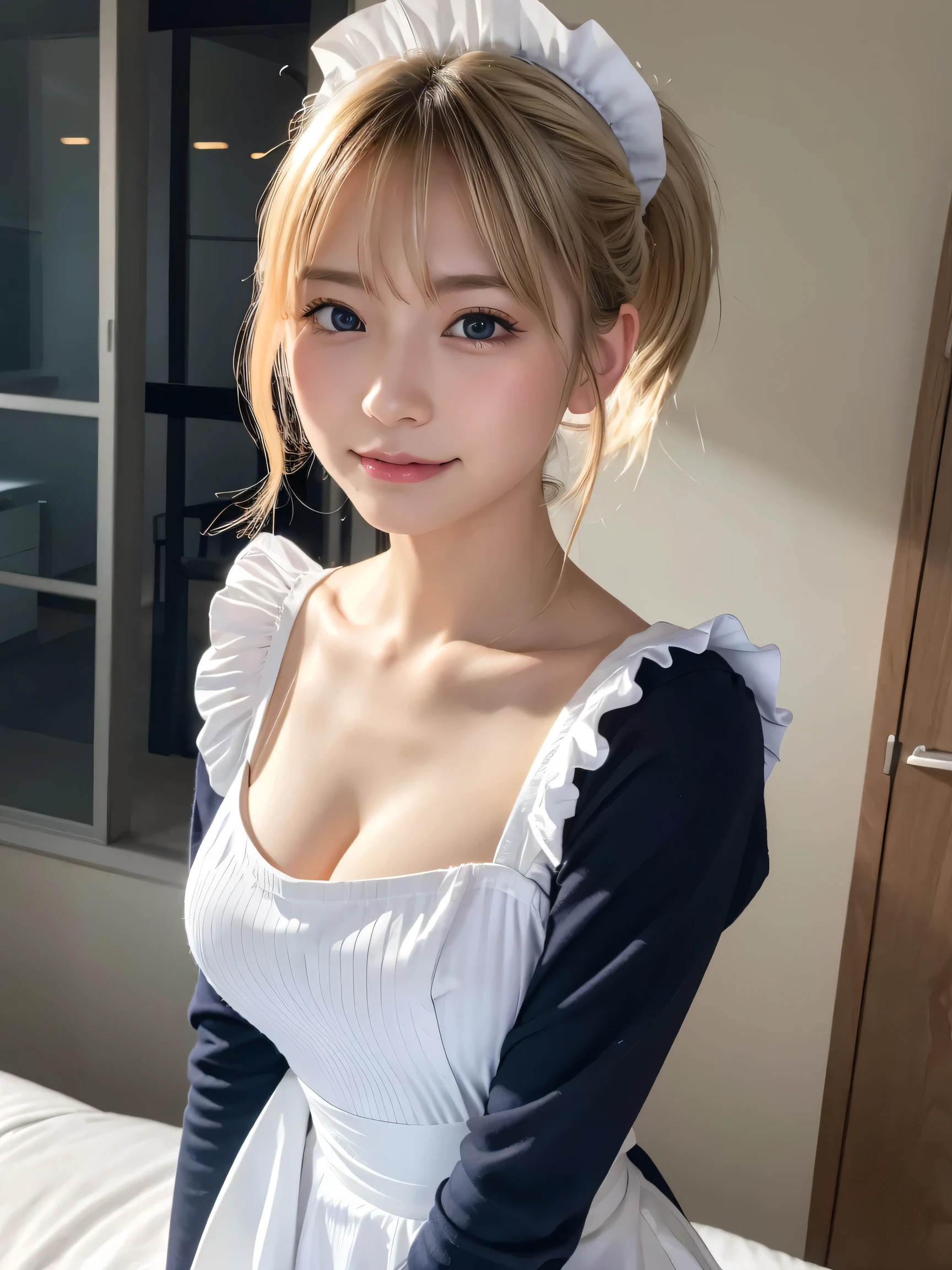 ((Maid:1.3)),Portrait、、Bright expression、ponytail、Younger, brighter, whiter skin、Best Looks、Blonde reflection、Platinum blonde hair with dazzling highlights、Shiny bright hair,、Super long, silky straight hair、Shiny beautiful bangs、Sparkling, clear, attractive big blue eyes、A very beautiful, lovely and cute 16 year old girl、Ample breasts