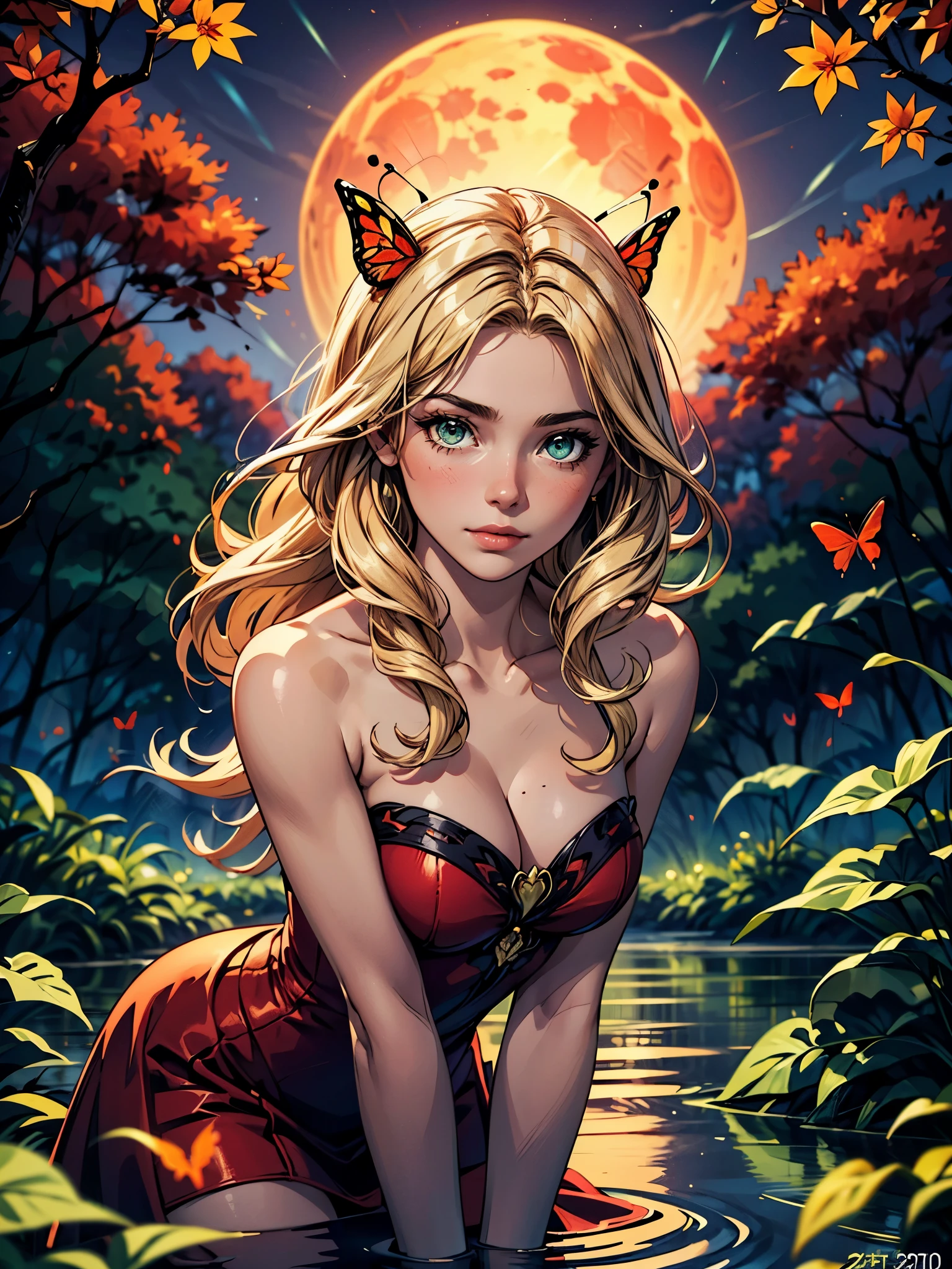 best quality, masterpiece, photorealistic, ultrarealistic, professional photograph shot on Canon EOS R6, 80mm, 1girl, (beautiful 24 yo swedish girl), wearing a red bioluminescent dress, standing in a lake, submerged up to her knees, in front of a waterfall, romantic, head resting on hands, solo, detailed eyes, upper body, sad face, beautiful, looking at viewer, strapless, (art nouveau style), green vines, green leaves, nature theme, flowers, embarrassed, cleavage, (nighttime, dark theme), magical autumn forest, autumn theme, (red butterflies:1.15), red magical particles, fantasy, blood moon BREAK (blonde hair, mid parted hair, straight hair, long hair:1.2), pronounced blush , smirk, sultry look, seductive,