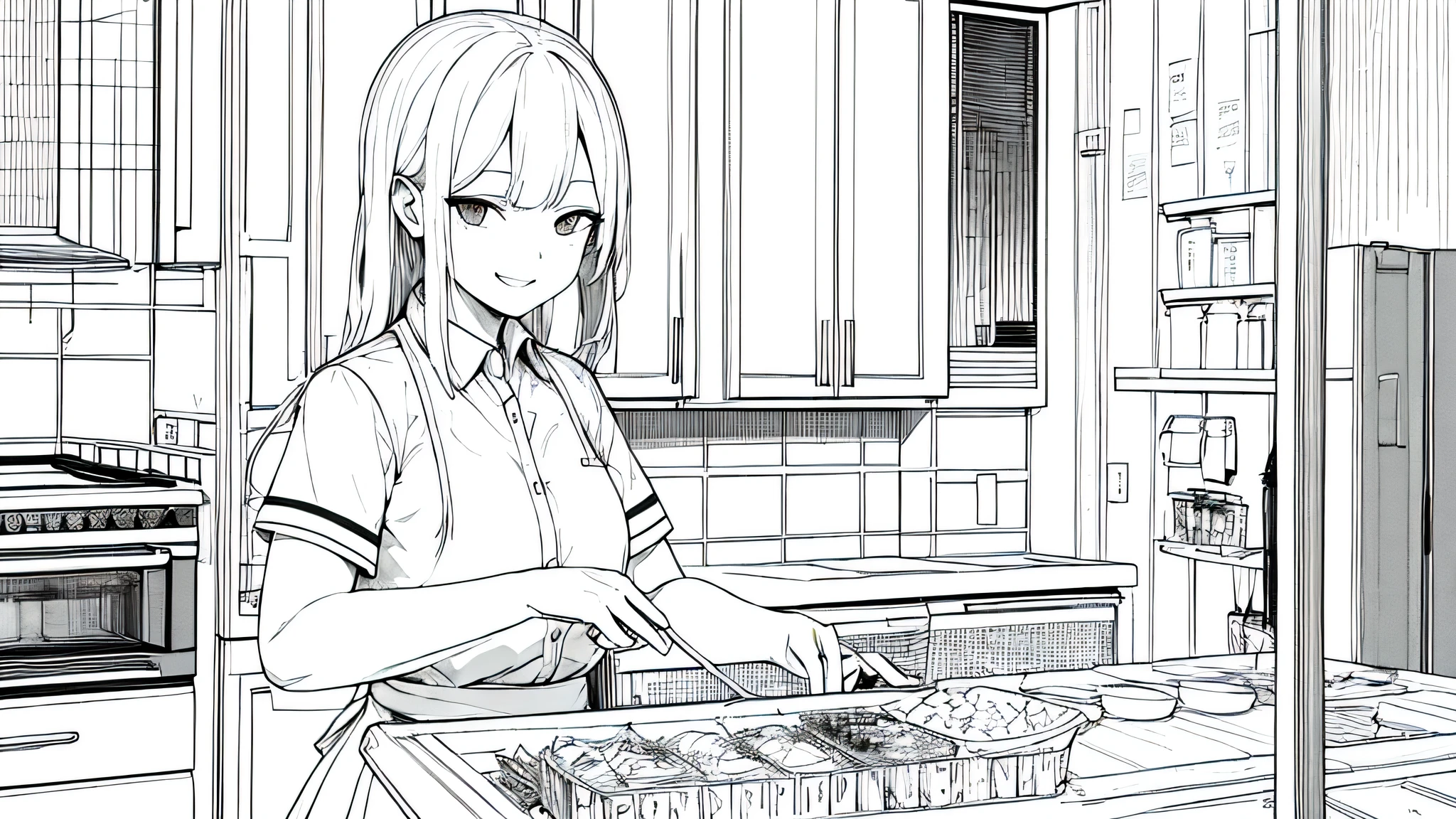 masterpiece, Top quality, 1 Girl, Uniforms, Smile,, A white-haired one, black eyes,a street, monochrome, Line Drawing、iced,Cook at home,Don't look at the camera
