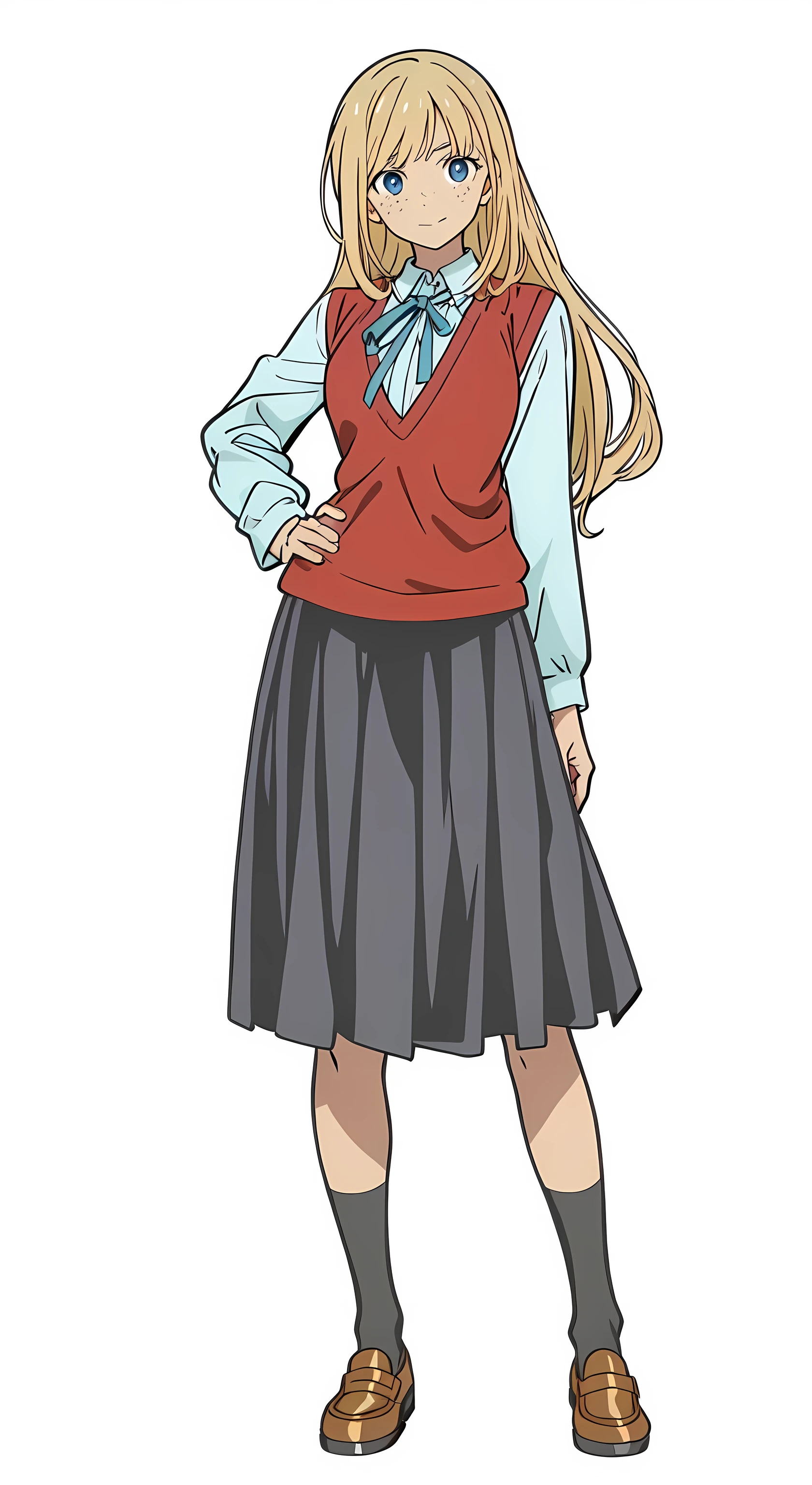 (best quality:1.0), (masterpiece:1.0), (super fine illustration:1.0), (beautiful artwork:1.0), (anime screencap:1.0), (official art:1.0), (european:1.0), (cheerful:1.0), (white background:1.0), (best quality:1.0), (masterpiece:1.0), (super fine illustration:1.0), (beautiful artwork:1.0), (anime screencap:1.0), (official art:1.0), (solo:1.0), (european:1.0), (a 18yo cute girl:1.0), (long skirt:1.0), (black skirt:1.0), (pleated skirt:1.0), (red knit vest:1.0), (white long sleeve collared shirt:1.0), (blue neck ribbon:1.0), (loafers:1.0), (black socks:1.0), (ideal ratio body proportions:1.0), (lanky:1.0), (tall:1.0), (slender:1.0), (small :1.0), (smaller face:1.0), (tareme:1.0), (freckles:1.0), (detailed beautiful eyes:1.0), (detailed beautiful face:1.0), (glowing blue eyes:1.0), (long hair:1.0), (swept bangs:1.0), (blonde hair:1.0), (standing:1.0), (looking at viewer:1.0)