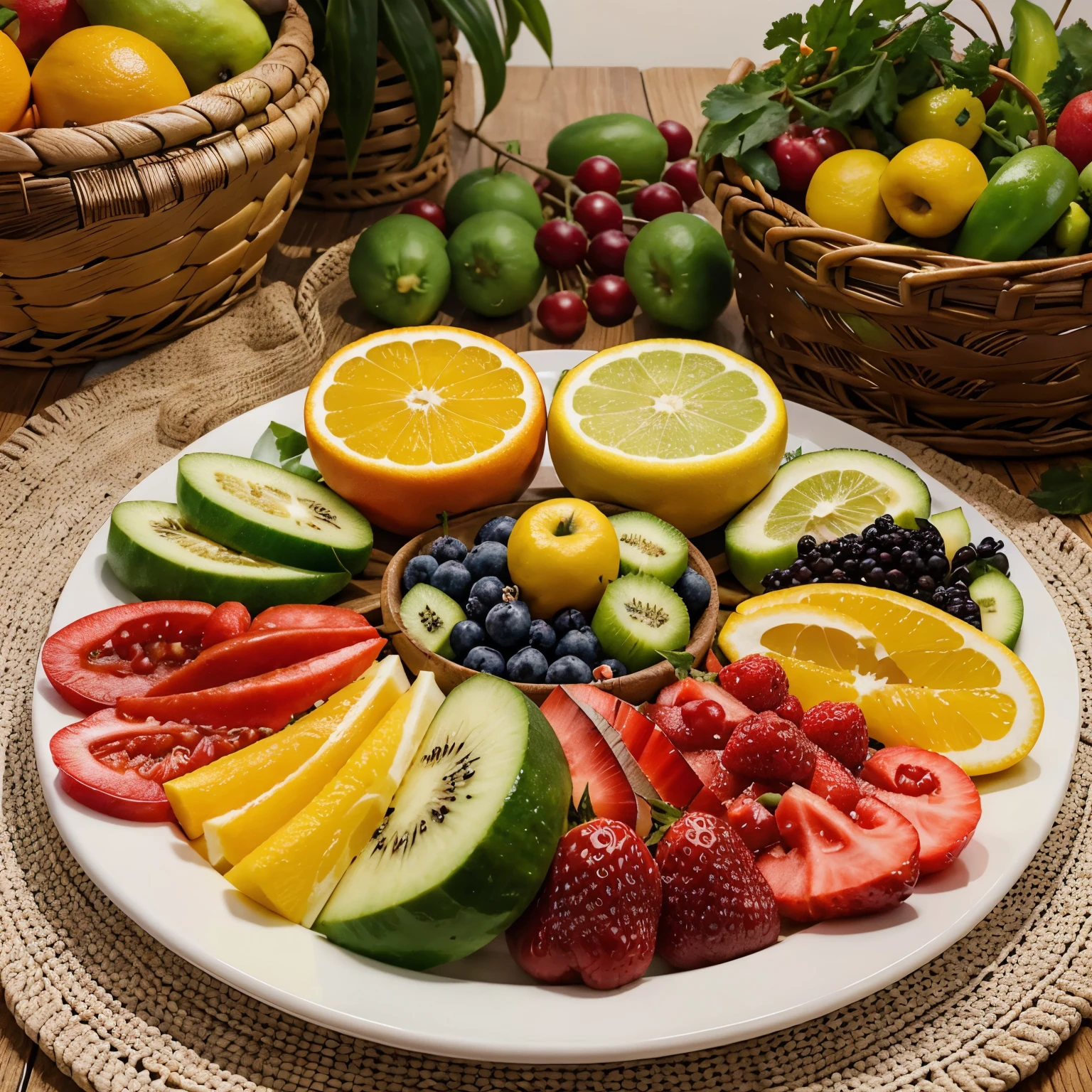 create a lively poster showcasing a divides plate filled with a variety fruits and vegetable from india , mexico, turkey, and Australia. Add labels to highlights the vital nutrients provided by each section