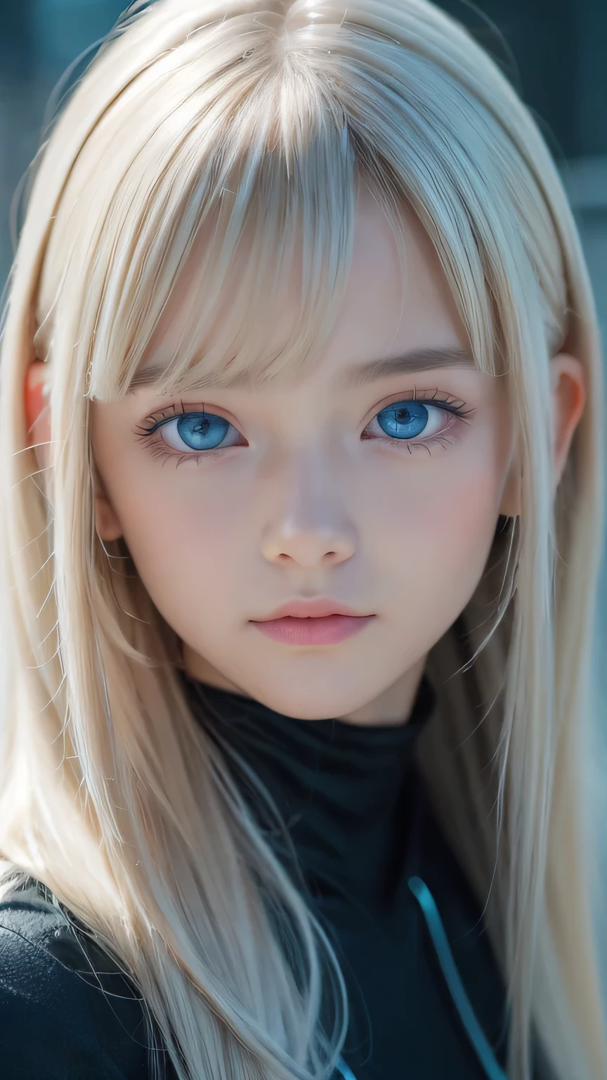 highest quality、8k Masterpiece、Ultra-high resolution、(Realistic:1.3)、RAW Photos、14 year old Scandinavian girl with shiny blonde hair、Silvery blonde hair、Super long straight hair、目とBangs between the eyes、bangs on the face、Bangs that cover the eyes、片Bangs that cover the eyes、Bangs between the eyes、White and glowing skin、1. Cyberpunk Super Beautiful Soldier、((Ultra-Realistic Details))、Portraiture、Global Illumination、Shadow Realm、Octane Rendering、8k、Ultra Sharp、Metal、Cool colors、、Very intricate detail、Realistic Light、Trends of the CG Association、so beautiful, Big bright blue eyes、Very big eyes、Eyes shining at the camera、Neon Details、Small Face Beauty、Round face、Cheek highlight
