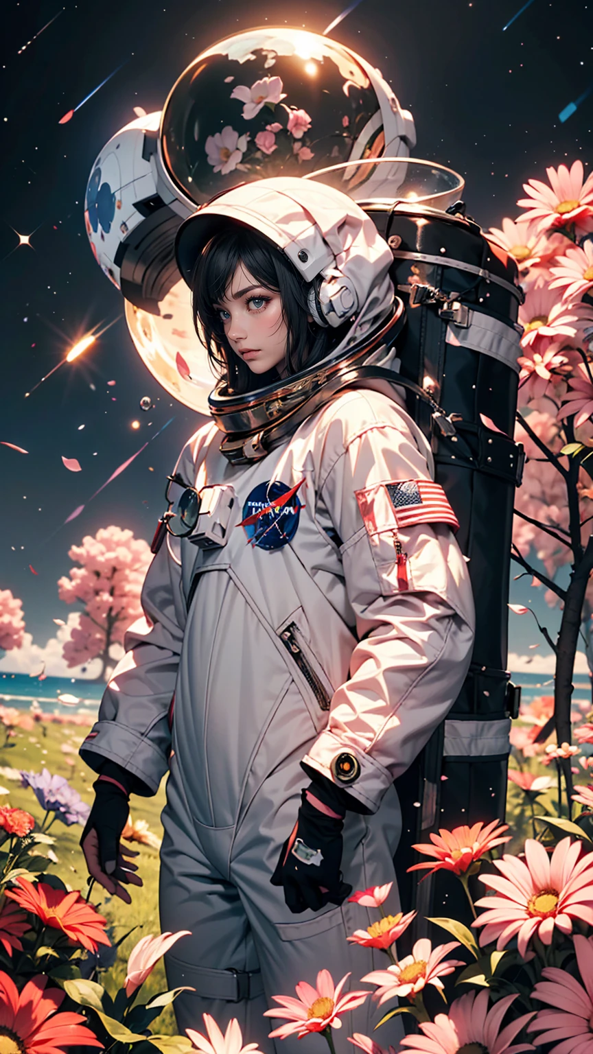 A female astronaut walks through a sea of flowers interspersed with pink clouds,Lonely Astronaut,Astronauts cannot leave this planet,The astronaut is lost in the infinite universe.