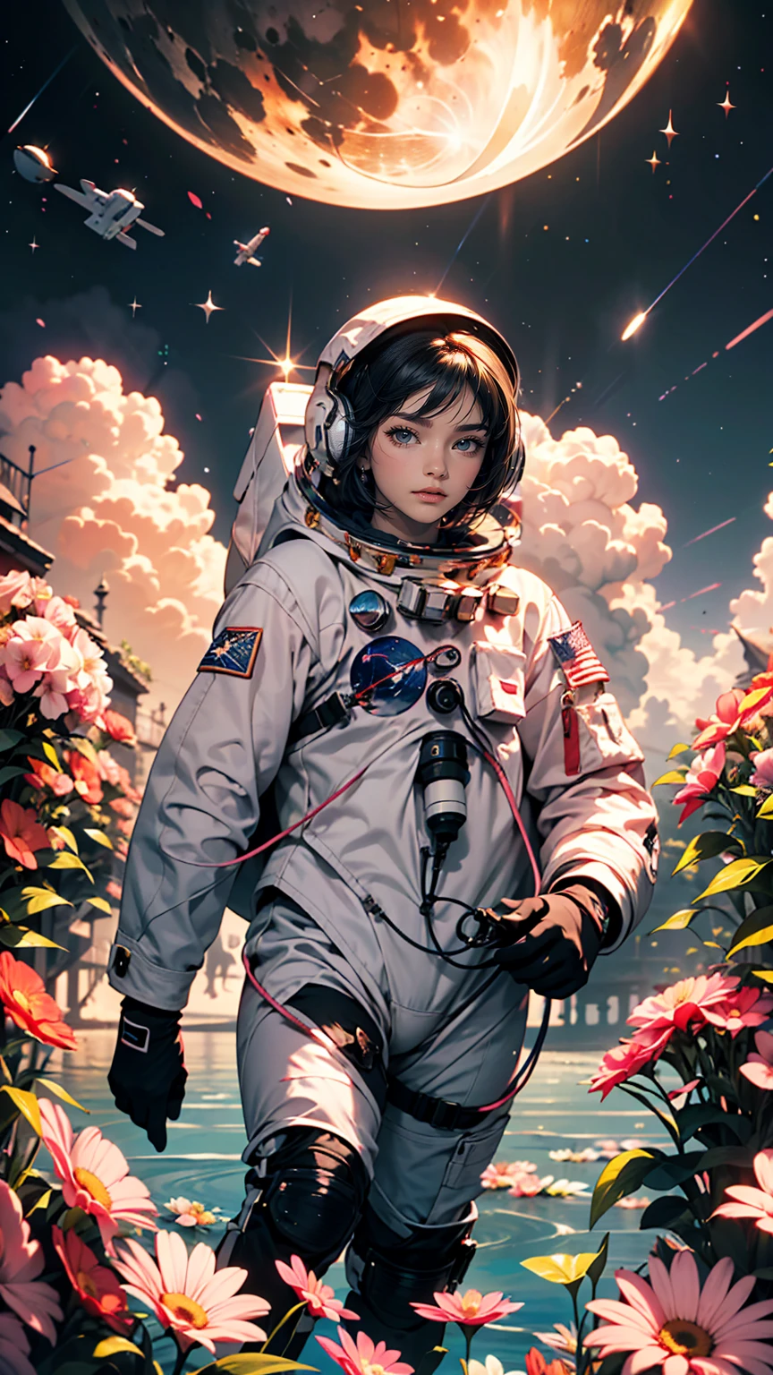 A female astronaut walks through a sea of flowers interspersed with pink clouds,Lonely Astronaut,Astronauts cannot leave this planet,The astronaut is lost in the infinite universe.