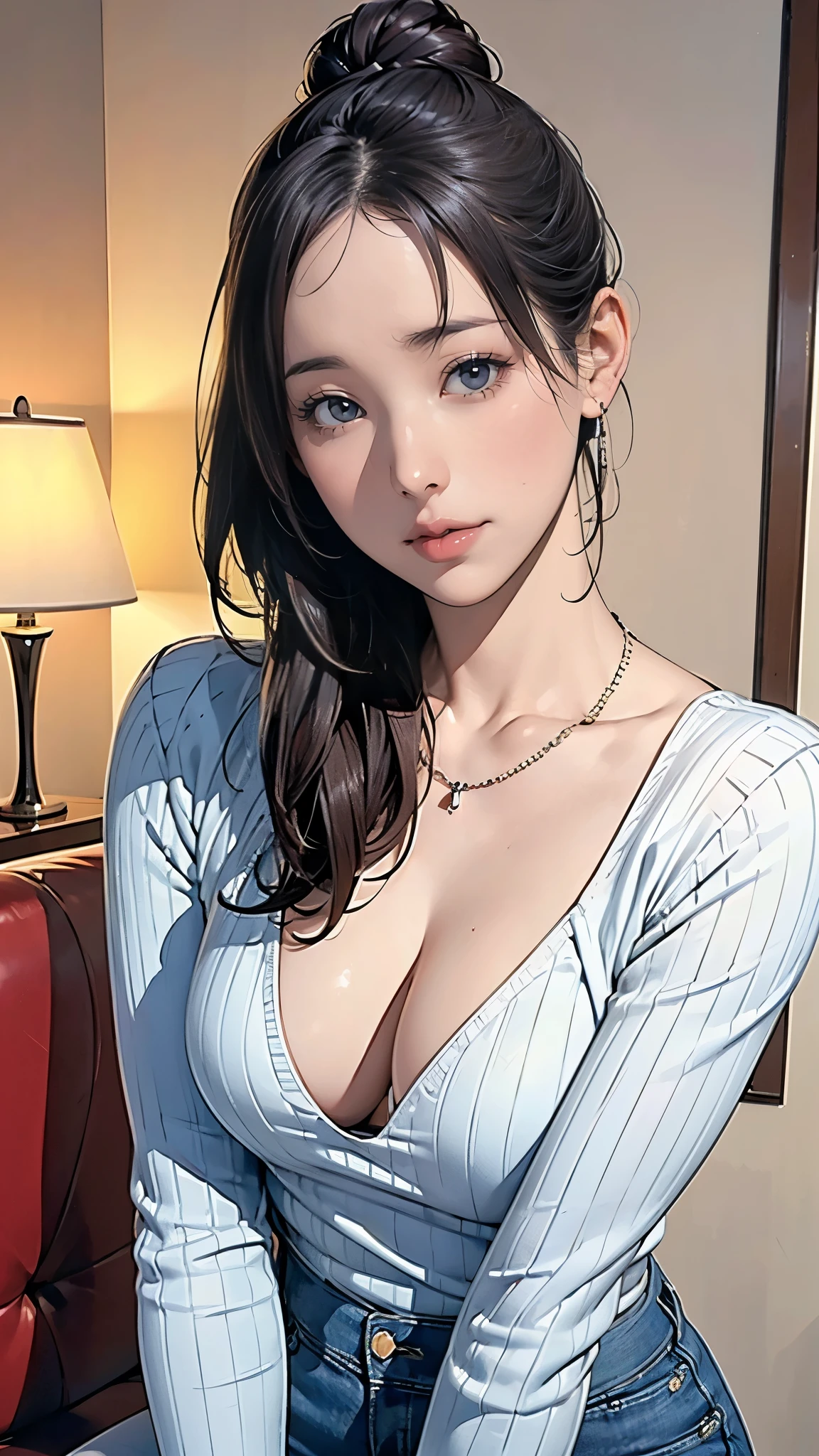 (masterpiece:1.2, highest quality), (Realistic, photoRealistic:1.4), Beautiful illustrations, (Natural Side Lighting, Cinema Lighting), Written boundary depth, Beautiful thighs staring at the viewer, (Face Focus, Upper Body), 1 female,20-year-old,alone,(With background:Hotel Rooms) , thin, slender, Long Hair, Curly Hair, One bun on top of the head, Forehead, thin, slender, Small , Cleavage, sweater, jeans, Earrings, necklace, Are standing, ((Close-up)) , ((Close-up)) , ((Close-up))