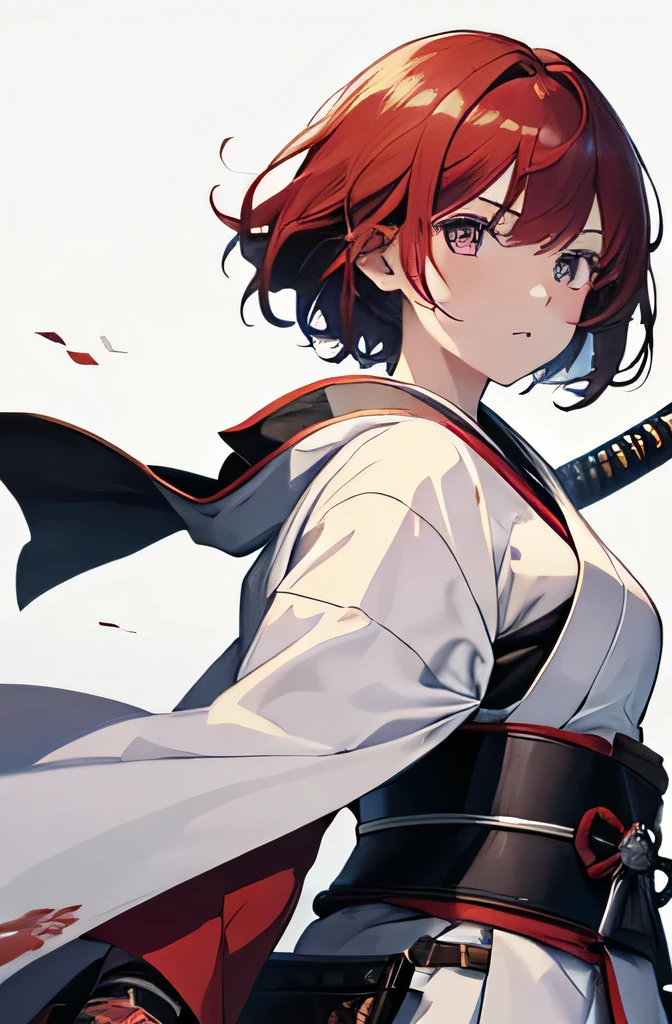 highest quality, masterpiece, pastel, Fair skin, slim, nice, One girl, Battle Scenes, captain, Samurai of the future, Japanese Samurai Girl, Red Hair, I々has, Wearing a white kimono and a black cloak,Short Hair, Holding a sword, Holding a sword