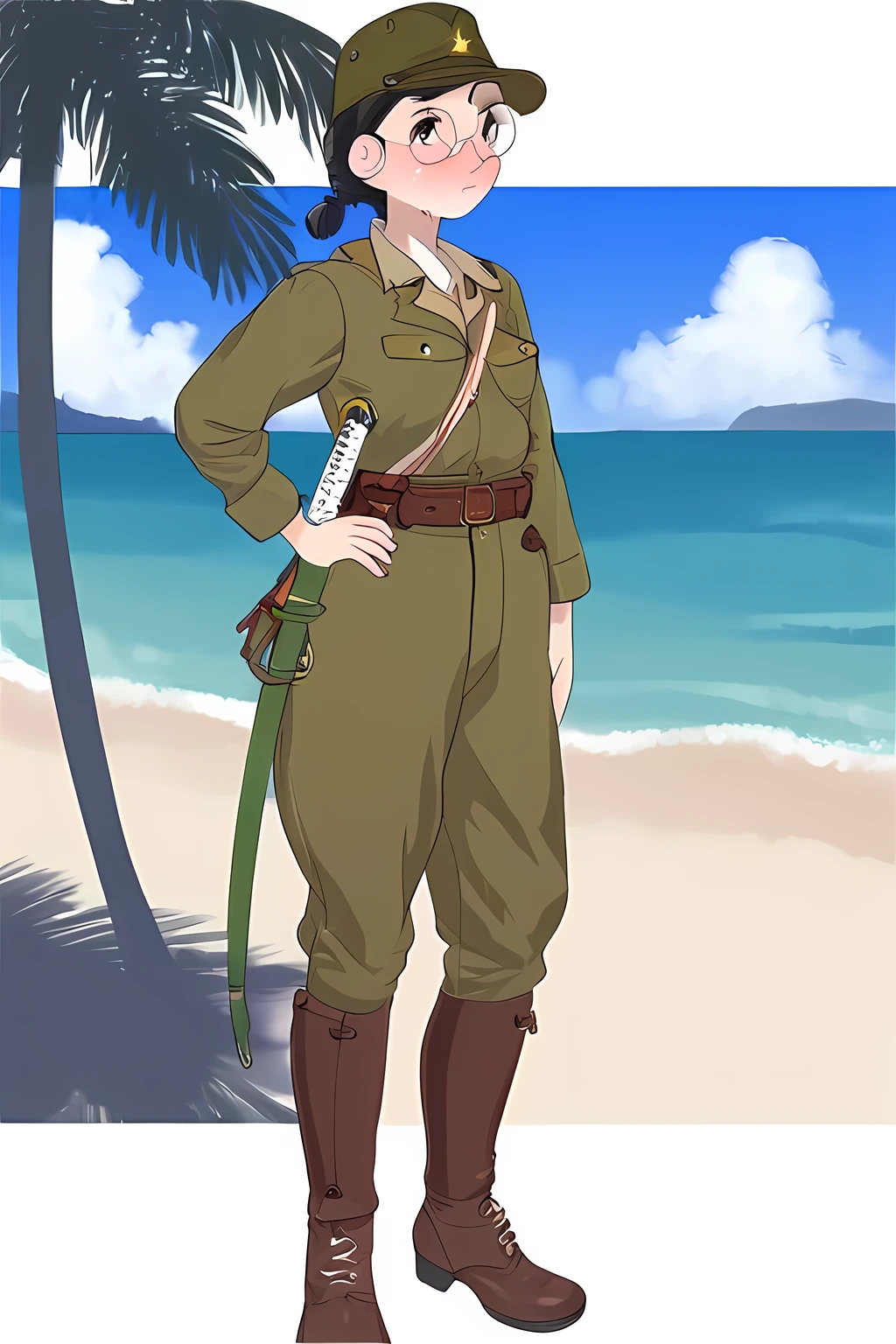 score_10,score_9,outdoors,beach,coconut tree,sea,sunlight,summer,1girl,solo,hand_on_hip,small breasts,black hair,twin braid,round eyewear,uniform,military,military_uniform,hat,weapon,sword,sheath,military_hat,open collar,IJA Showa,IJA officer,field cap,oliver green uniform,katana at waist,brown long boots,blush,exhausted,sweat,flustered,