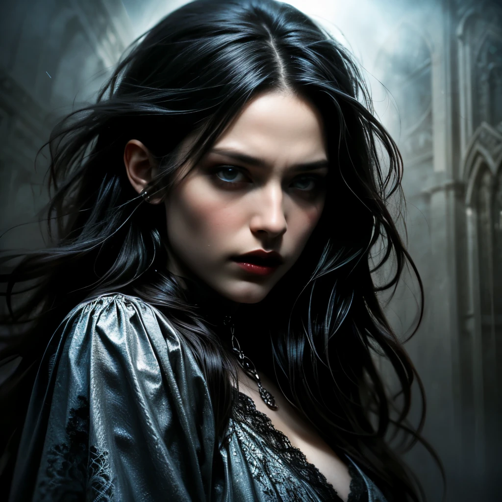 Forever Young々A beautiful vampire with a beautiful appearance、(Black and White:1.5)、Detailed eye and nose features、Captivating eyes、Graceful Movement、Ethereal atmosphere、Gothic style、White skin、Black flowing hair、Elegant attire、Hauntingly beautiful、Mysterious and fascinating presence、Dramatic lighting