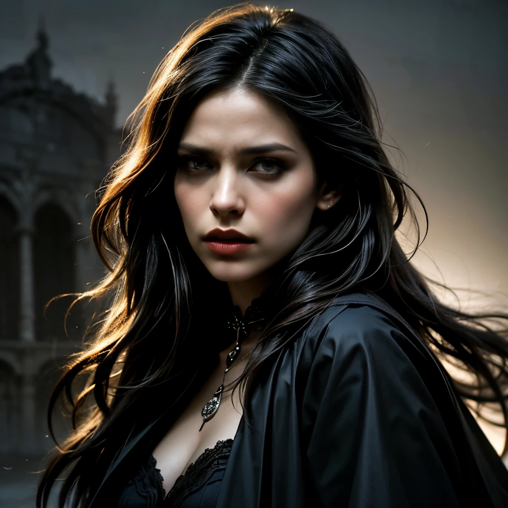 highest quality,Super detailed,Realistic,Black and White,photograph,Low Key Lighting,Fine feathers,Sharp focus,Gloomy atmosphere,Dramatic Shadows,Contrast,texture,Glamorous decoration,Fine Art Prints,High resolution,Monochrome,Impressive composition,Exquisite detail,high Contrast lighting,Forever Young々A beautiful vampire with a beautiful appearance、(Black and White:1.5)、Detailed eye and nose features、Captivating eyes、Graceful Movement、Ethereal atmosphere、Gothic style、White skin、Black flowing hair、Elegant attire、Hauntingly beautiful、Mysterious and fascinating presence、Dramatic lighting