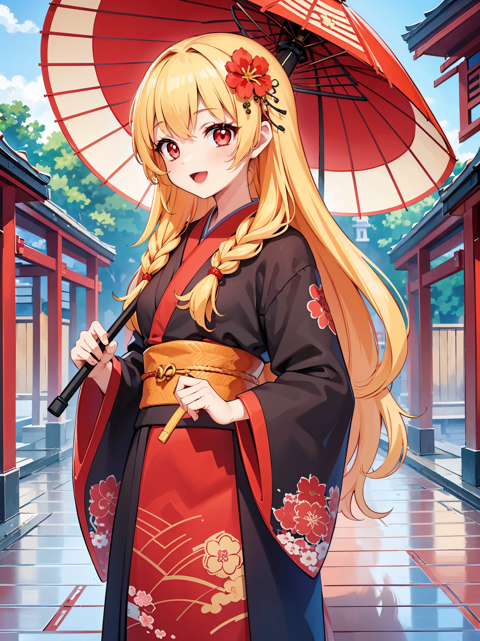 highest quality, Ultra-detailed 8k CG rendering, masterpiece, High resolution, Very detailed,
Samurai girl with voluptuous beauty,upper_body,
Small breasts,
, Blonde Hair, an asian artist in a japanese dress holding a red umbrella, 1girl, solo, umbrella, japanese clothes, flower, twin braids, braid, smile, oil-paper umbrella, skirt, red eyes, kimono, wide sleeves, tail, holding, outdoors, holding umbrella, floral print, hair ornament, red flower, hair flower, long sleeves, :d, long hair, looking at viewer, bangs, east asian architecture, animal ear fluff, pink kimono, open mouth, architecture, pleated skirt, black skirt