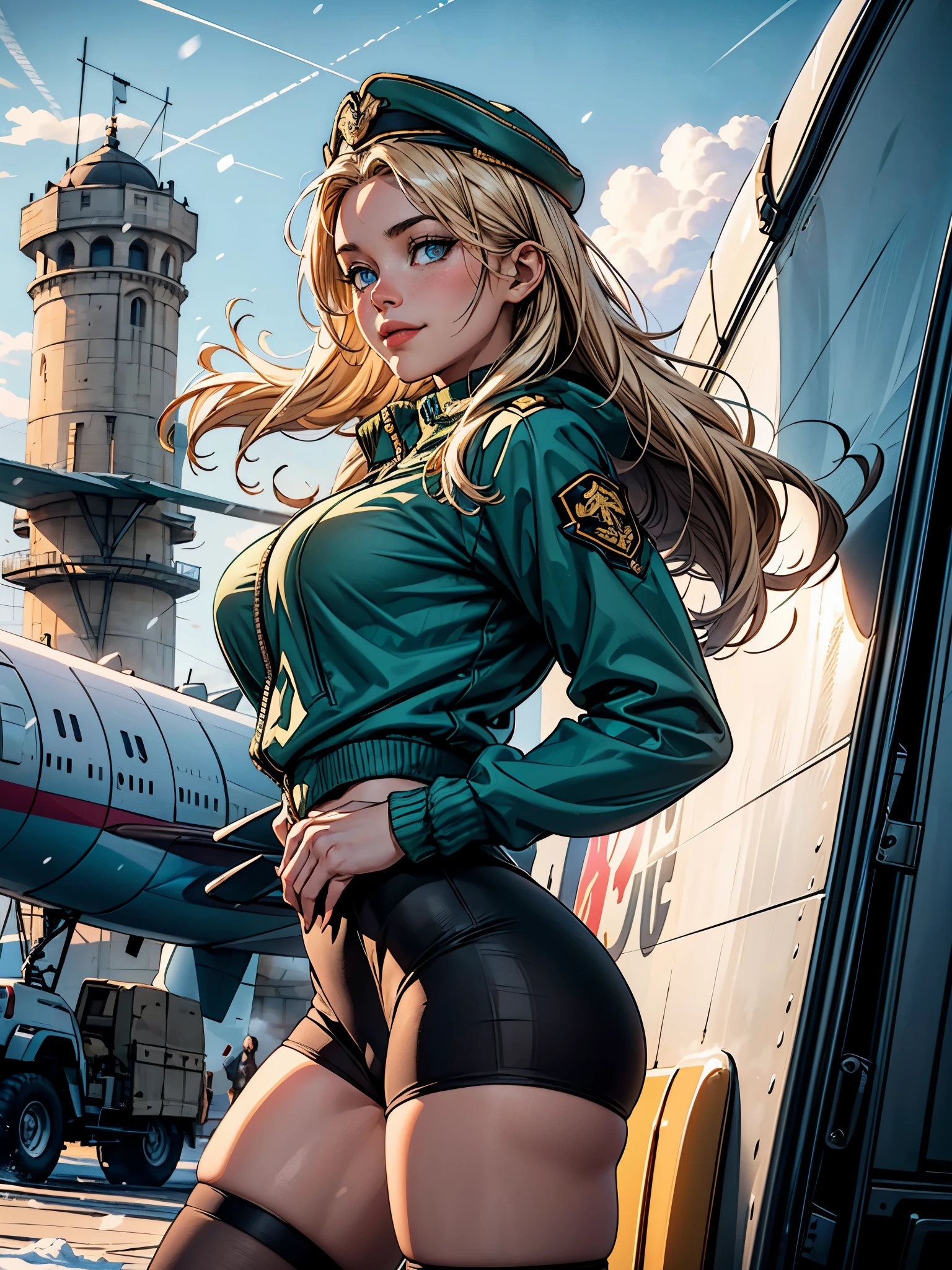 1female，25yo，plumw，extremely large bosom， solo，（Background with：aerodrome，Planes，snow mountains，at winter season，Snow on the ground，exteriors，） She has long blonde hair，Stand on the plane，，seen from the front， hair straight， mostly cloudy sky，（（（tmasterpiece），（Very detailed CG unity 8K wallpaper），best qualtiy，cinmatic lighting，detailed back ground，beatiful detailed eyes，Bright pupils，Blue eyes，（Very fine and beautiful），（Beautiful and detailed eye description），ultra - detailed，tmasterpiece，）），facing at camera，A high resolution，ultra - detailed），revealing breasts，Bare genitalia，  Bulge，legs are open，Raised sexy，Camel toes，Flushed complexion，Desire for dissatisfaction，frontage，Italian Air Force，Aviator，Officer's cap（Wearing：Dark green baseball jacket，Black pantyhose，Gold wire embroidery） ,  smirk, sultry look, seductive, 