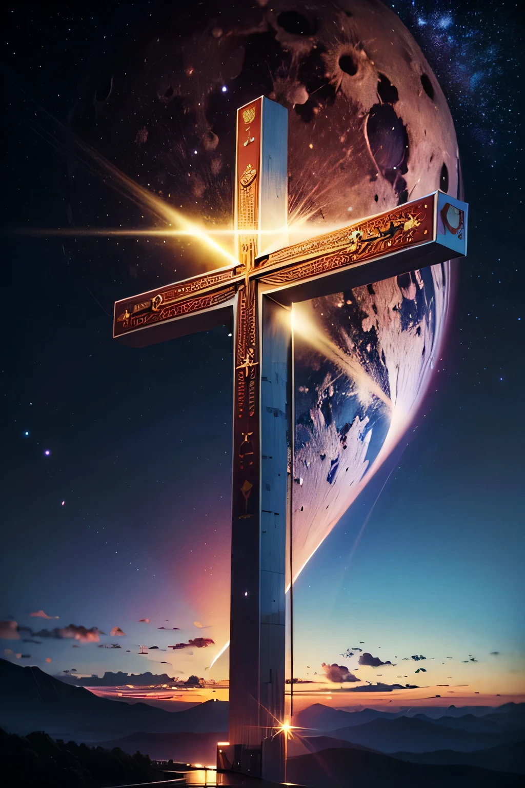 ((masterpiece:1.4), (highest quality:1.4), (Realistic:1.7))、((Stainless steel cross))、Big full moon、Bright moonlight、Nebula Sky、