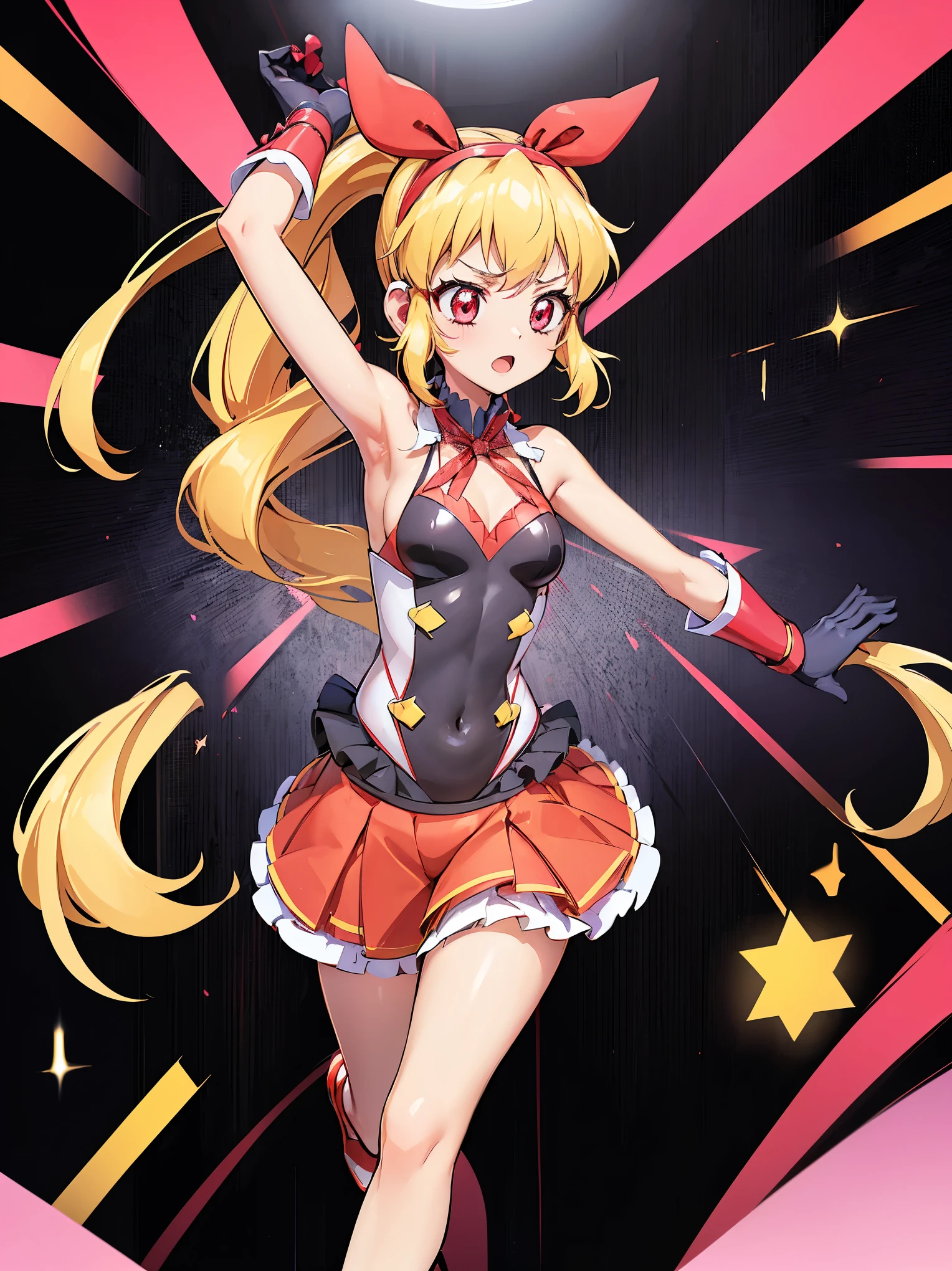 (Red ribbon on hairband:1.2),aikatsu,1 Girl,Senki in Zessho Symphogear style , Blonde long hair, Cat hair,    ,Black and pink combat suit,break,Ultra high definition, High resolution, Ultra high definitionCG,Caustics, Live Stage, In front of the giant screen, sing, Stand microphone ,