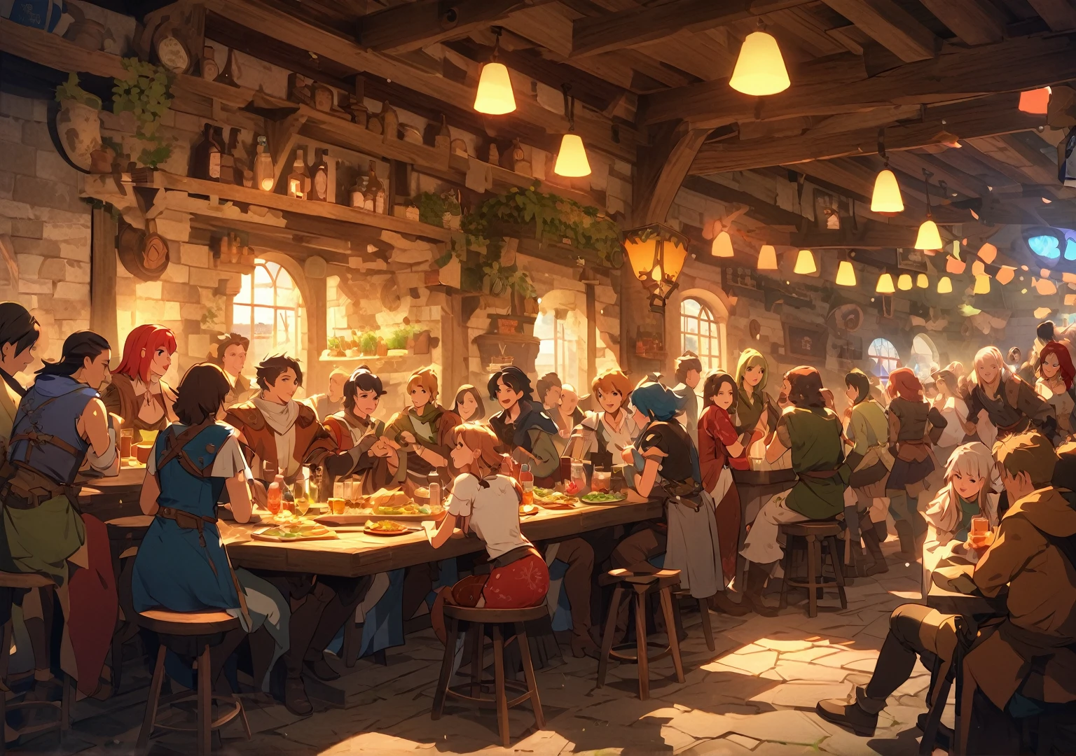 Maximum quality, absolute resolution, papel de parede da unidade 8k,ultra-detalhado,Taverna,RPG,Crowd,Fantasia,Atmosfera acolhedora e festiva,estilo impressionista,Luz suave, cores vibrantes,fundo desfocado,authentic brushstrokes,Grupo Aventureiros,ambiente medieval,taverna cheia,feeling of warmth and magic,Animado e cativante,por do sol,harmonious composition, captura artistica,Classic and timeless,Movimento,ethereal and enchanting,pintura ganha vida.=