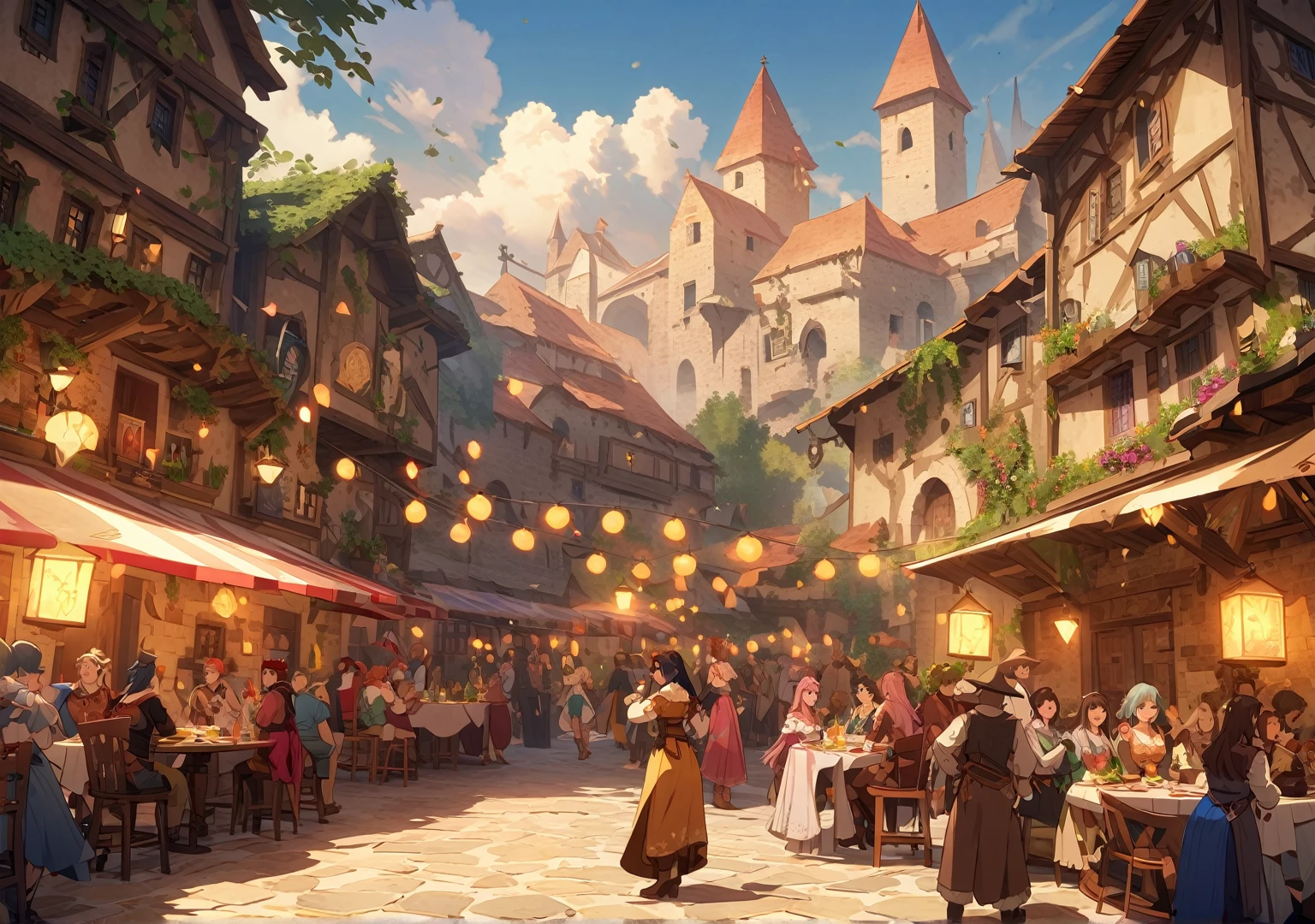 Maximum quality, absolute resolution, papel de parede da unidade 8k,ultra-detalhado,Taverna,RPG,Crowd,Fantasia,Atmosfera acolhedora e festiva,estilo impressionista,Luz suave, cores vibrantes,fundo desfocado,authentic brushstrokes,Grupo Aventureiros,ambiente medieval,taverna cheia,feeling of warmth and magic,Animado e cativante,por do sol,harmonious composition, captura artistica,Classic and timeless,Movimento,ethereal and enchanting,pintura ganha vida.=