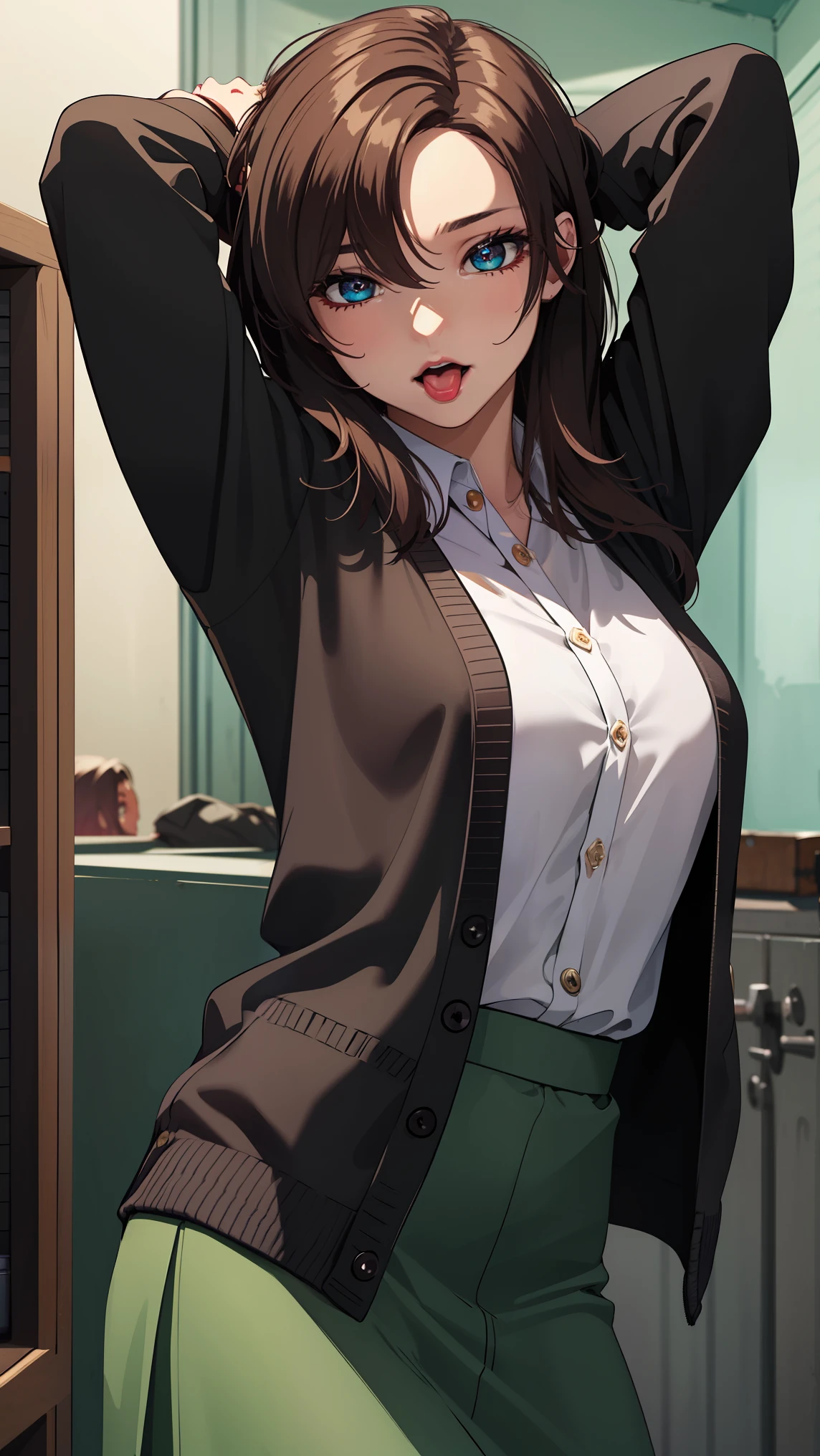 bangs,brown_hair, long_hair,red eyes,lipstick,makeup,
BREAK (green skirt, open cardigan, black cardigan:1.2)
BREAK (((long tongue, rolling eyes))), (((arms behind head))), (((leaning back))), (((cowboy shot))),)),
BREAK (masterpiece:1.2), best quality, high resolution, unity 8k wallpaper, (illustration:0.8), (beautiful detailed eyes:1.6), extremely detailed face, perfect lighting, extremely detailed CG, (perfect hands, perfect anatomy),