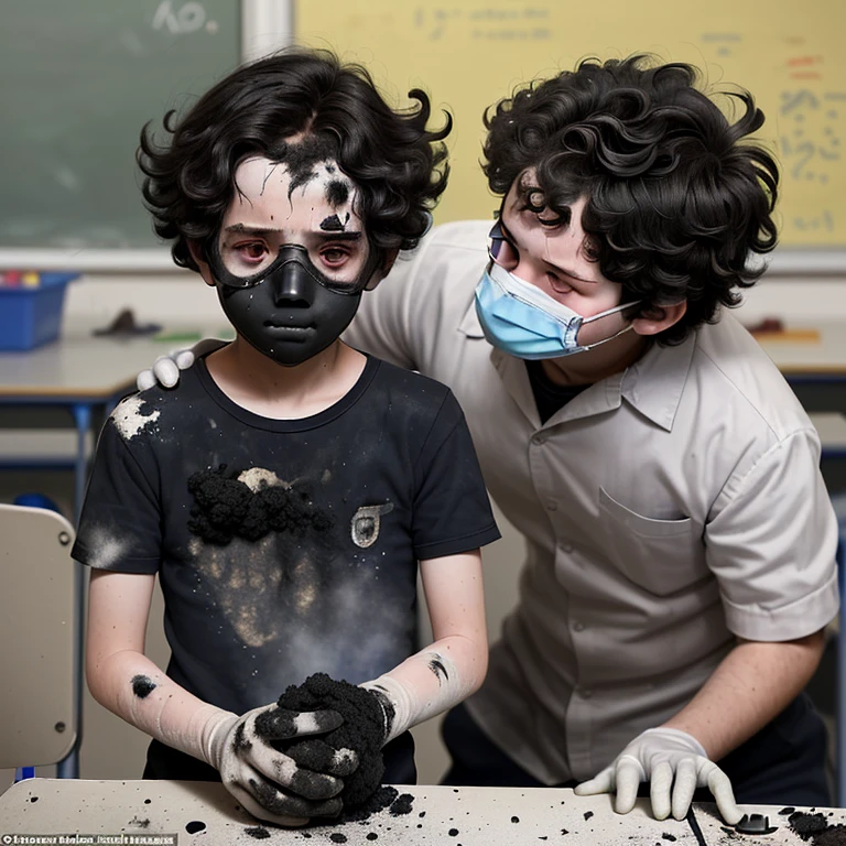 A teacher and a boy are covered in soot after an explosion during an experiment in a science lab