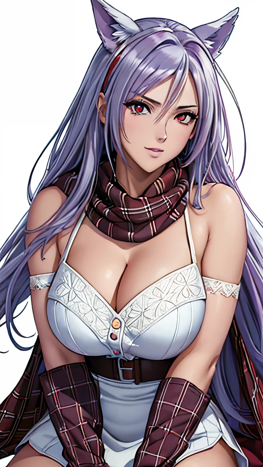 red eyes with slit pupils, (highest quality, masterpiece painting:1.3), immature woman, , (half body shot), masterpiece, ultra high resolution, (Photoreal:1.0), ((light purple hair)),straight hair, beautiful shining hair, white and shining skin, ((Ultra realistic details)), octane rendering, highly detailed face, (big breasts:0.8), (make a heart with hands), Blanket Scarf Wrap, A large, cozy blanket scarf in a plaid or checkered pattern, Wrap it around your neck or drape it over your shoulders for warmth, Style with a chunky knit sweater, skinny jeans, and knee-high riding boots for a cozy winter look, Horse Ears, Fairy wings, open neckline, cleavage, perfect body, soft skin, White cherry blossom embroidery pattern, silver earrings, (pure white background:1.4), sharp focus, intricate details, professional artwork, (bright colors:1.1), bright colors, diffused lighting, digital blending, ultra-definition body, ultra detail hair, super detailed face, trending on pixiv, top button open, Cute gaze, compensate, perfect lips, perfect compensate, Ultra-precision coating, (light_smile:0.8), 