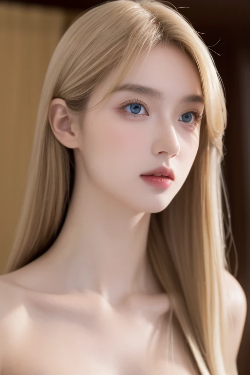 Young girl, upper body, masterpiece, highest quality, 8k ultra, icy eyes, beautiful peach lips, very detailed face and skin, blonde hair, red eyes,