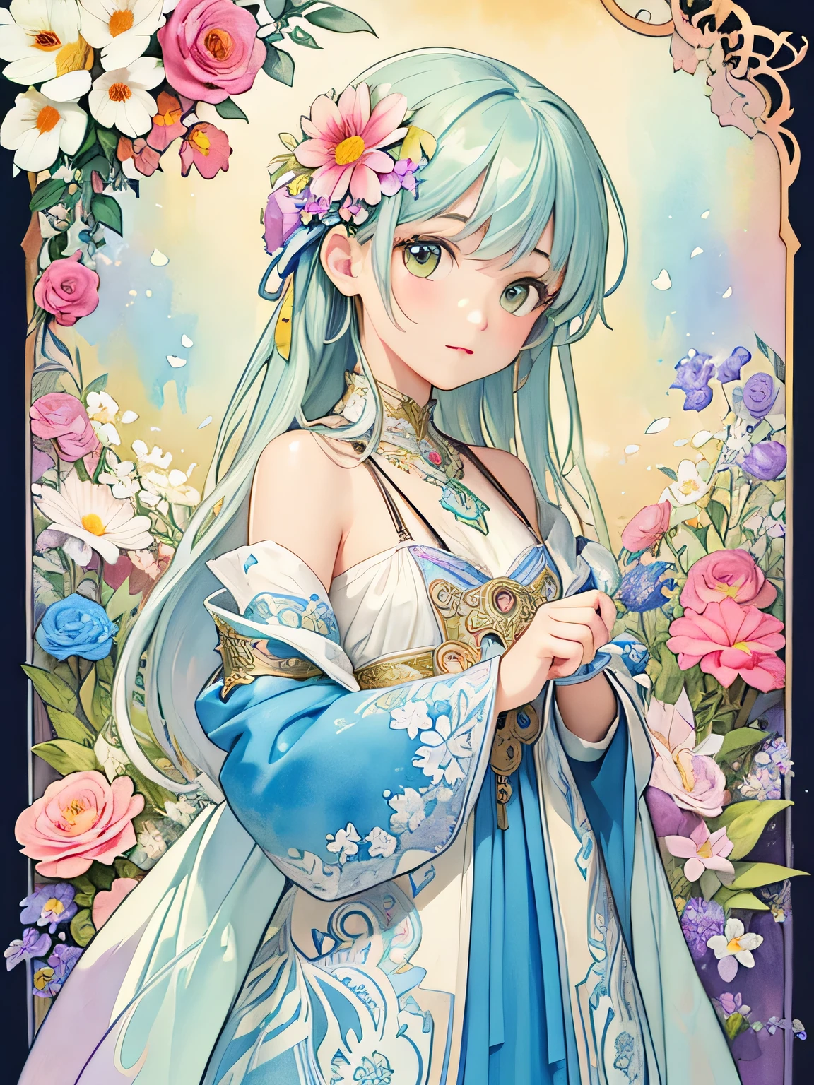 Alphonse Mucha Style、(((stylish fashion))), 8K Quality、Intense watercolor, Detailed watercolor art, Watercolor splash, Surreal, avant-garde pop art, Beautiful and expressive paintings, Beautiful artwork illustration, Very colorful tones, wonderful, Cool beauty, highest quality、Official Art, Vector art, Stylish design, (((The most beautiful girl))), (((highest quality))), HDR, ((detailed)), (((Doodle Art)), ((masterpiece)), ((Super detailed)), (((Colorful flowers))),(((Stylish))),