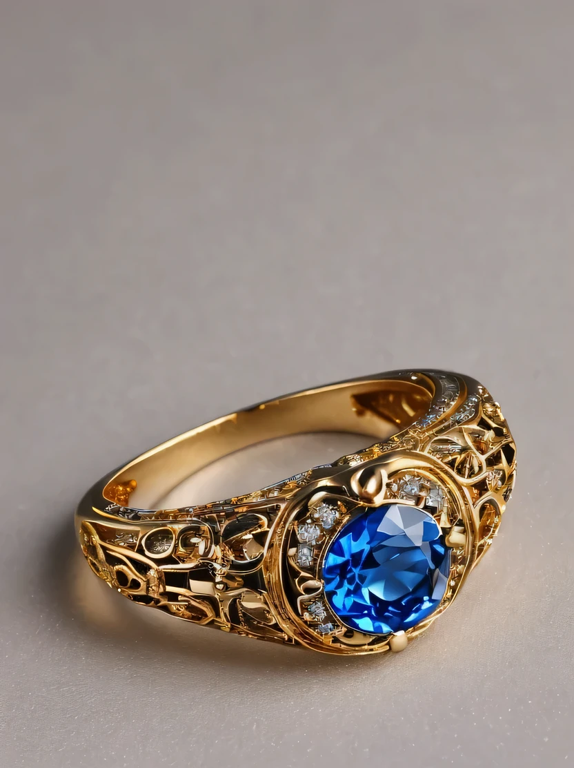 ((masterpiece、highest quality、Very detailed、High resolution、Photorealistic、Sharp focus、Cinema Lighting))、((There is no one))、One ring、Gold and silver rings、Blue Gem、Complex Pattern、Complex and unusual design、Sparkling sapphires decorate this enchanting ring、Beautiful color gradation、Background is marble table surface