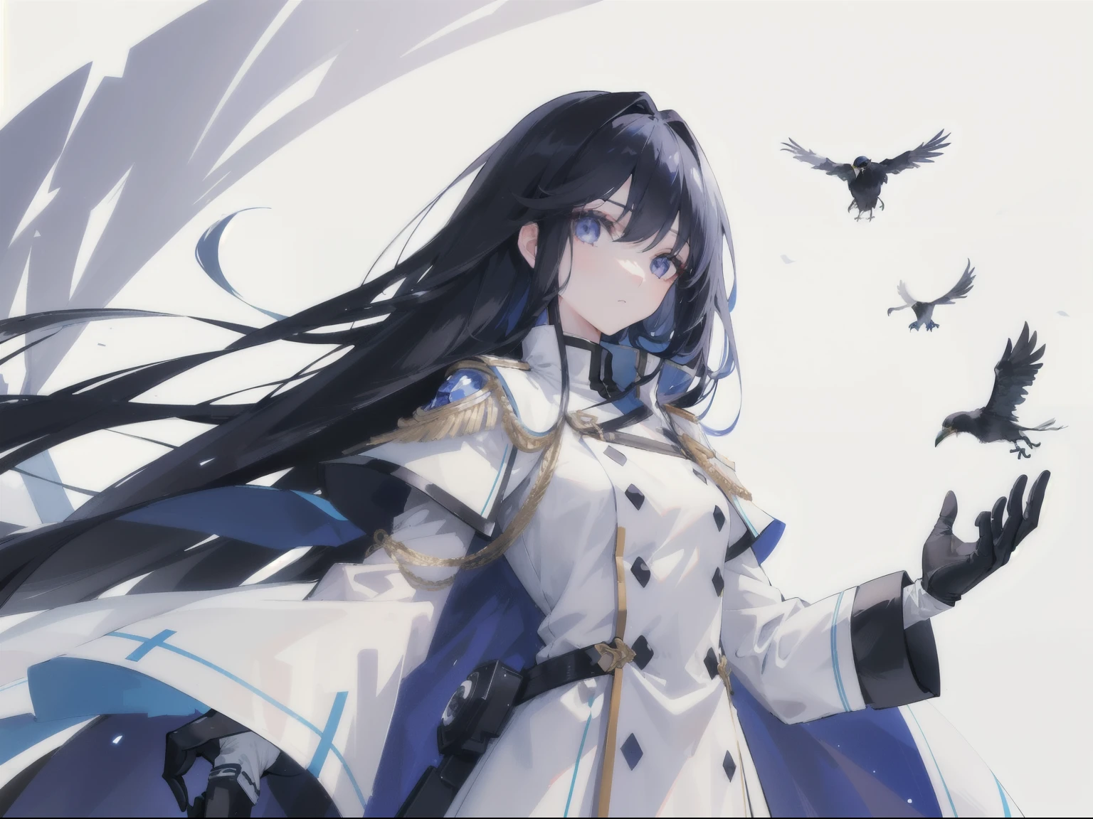 girl,Long Black Hair, The inside of the hair is blue、Iris,White coat,uniform、masterpiece, highest quality, Super detailed, Downcast eyes,Tabletop, highest quality), (Perfect athletic body:1.2),8K High Resolution, Trend Art Station, White Background, Standing in the Wilderness,whole body、Crow-shaped gauntlets