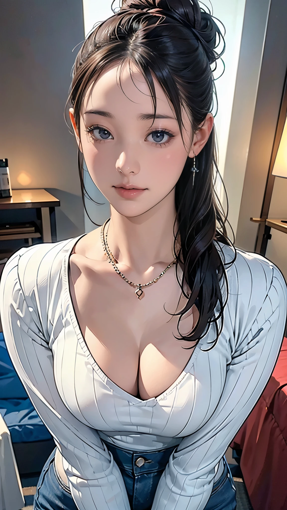 (masterpiece:1.2, highest quality), (Realistic, photoRealistic:1.4), Beautiful illustrations, (Natural Side Lighting, Cinema Lighting), Written boundary depth, Beautiful thighs staring at the viewer, (Face Focus, Upper Body), 1 female,20-year-old,alone,(With background:Hotel Rooms) , thin, slender, Long Hair, Curly Hair, One bun on top of the head, Forehead, thin, slender, Small , Cleavage, sweater, jeans, Earrings, necklace, Are standing, ((Close-up)) , ((Close-up)) , ((Close-up))