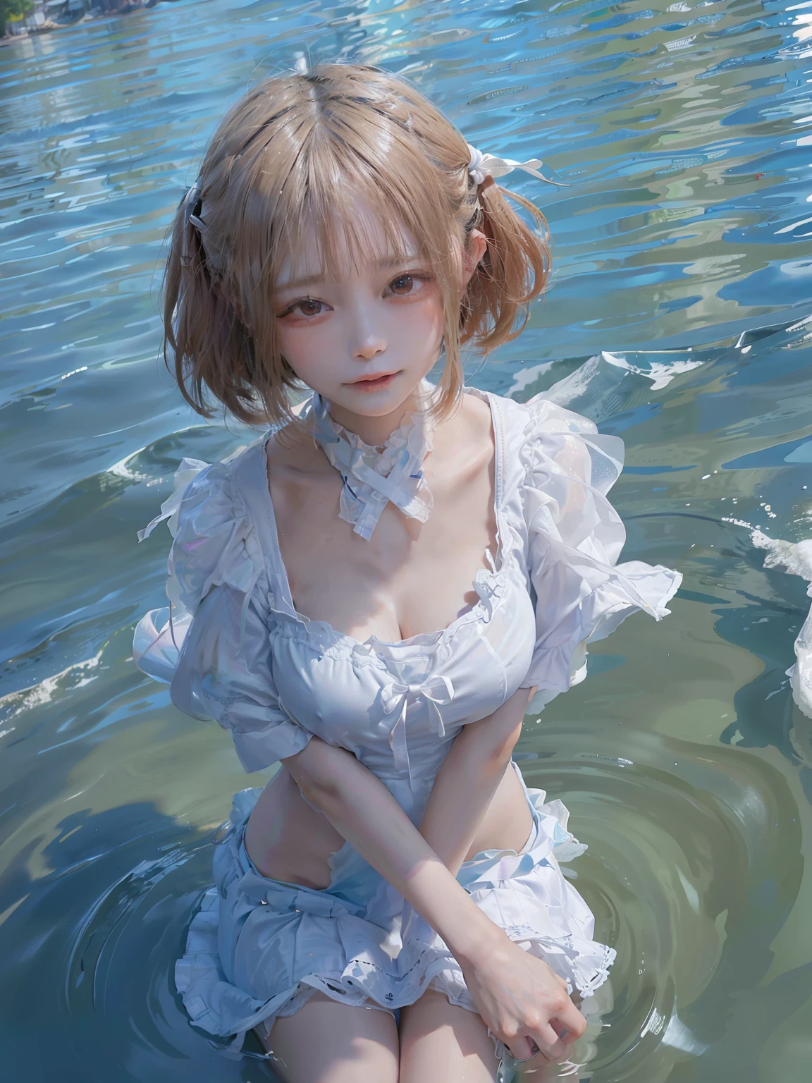 ((Highest quality, super detailed, super delicate)), ((Real: 1.37) ), ((Characteristic depiction of the face, precise expression)), Beautiful eyes, Beautiful eyes, Realistic eyes,
A beautiful woman alone, sunny weather, blue sky, clear blue water, gentle sea breeze, sandy beach, micro bikini, white bikini, toned body, elastic buttocks, full body description, bright smile, looking at the camera, reflection on the water surface The shining sun,