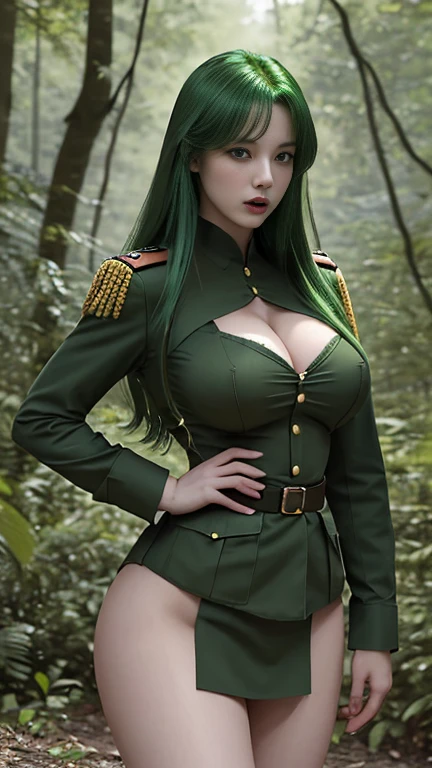 Military, beautiful girl, emerald hair, big breasts, wearing a bare-chested military uniform, sexy post, in the forest.