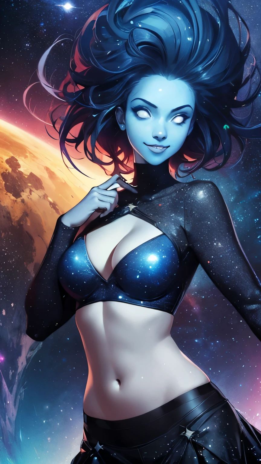 (Highly quality, masterpiece, detailed), Deep Space detailed scenario, Deep space detailed background, 20 years old girl, solo, smile, singularity, blue skin, dark blue hair, celestial skin, Colored Skin, glowing, glowing eyes, long hair, Star on the girls body, black top, sleeves, crop top, cleavage, black skirt, glowing star on the navel, glowing navel, shiny navel, monster girl, navel star, Abdomen, Navel, beautiful eyes, perfect eyes, looking at the viewer, Sexy pose