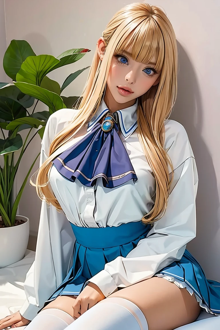 (masterpiece, best quality:1.2), 1girl, solo, pointed ears, blonde hair, hair ornament, blunt bangs, blue eyes, , pleated skirt, white shirt, zettai ryoiki 