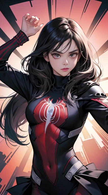 (mejor calidad,4k,high resolution), chica con, Pelo negro pelo negro., cabello largo y liso, ojo agudo,ojos rojos,spider girl、fucsia and Black Spider Costume,Spider Hero、The spider mark on the chest、Costume with spider web decoration、Comic appearance,comic strip,y almas,Action、comic illustration,Escena de vuelo entre edificios.,Exhilarating Action movie-like portrayal、Cute warped illustration、ley cercana y lejana、Facial expression retouching、Expresando el dinamismo que surge