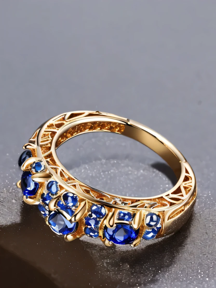 ((masterpiece、highest quality、Very detailed、High resolution、Photorealistic、Sharp focus、Cinema Lighting))、((There is no one))、One ring、Gold and silver rings、Blue Gem、Complex Pattern、Complex and unusual design、Sparkling sapphires decorate this enchanting ring、Beautiful color gradation、Background is marble table surface