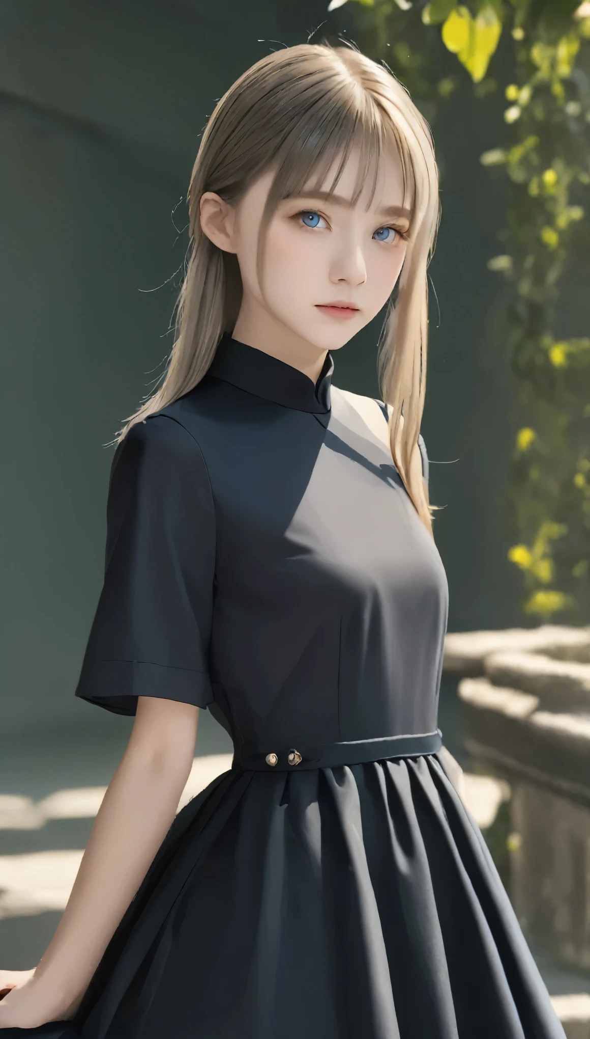 highest quality, Tabletop, High resolution, (((1 girl))), 16 years old,(((beautiful grey eyes)))、Low Pony、((Black Block Dress)), Tyndall effect, Realistic, Shadow Studio,Ultramarine Lighting, Dual Tone Lighting, (Skin with attention to detail: 1.2)、Pale colored lighting、Dim lighting、 Digital single-lens reflex camera, , High resolution, 4K, 8k, Background Blur,Beautiful fade out