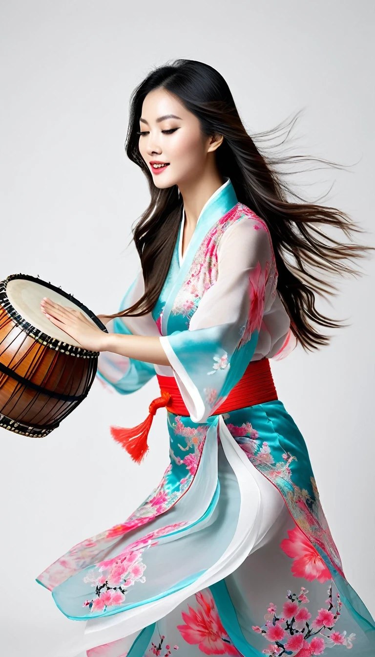 Motion blur, Black and white close-up, White background, (A beautiful girl in colorful Chinese clothing is enthusiastically playing the Chinese drum), There are translucent dormant air particles at the hem of the skirt, Professional fashion photography, super macro, Abnormally long wavy hair flying wildly, Super fine texture, Tilt movements of the hands and face, Poster Style, minimalist, Nikon, Hasselblad, Canon, Fujifilm, 16K